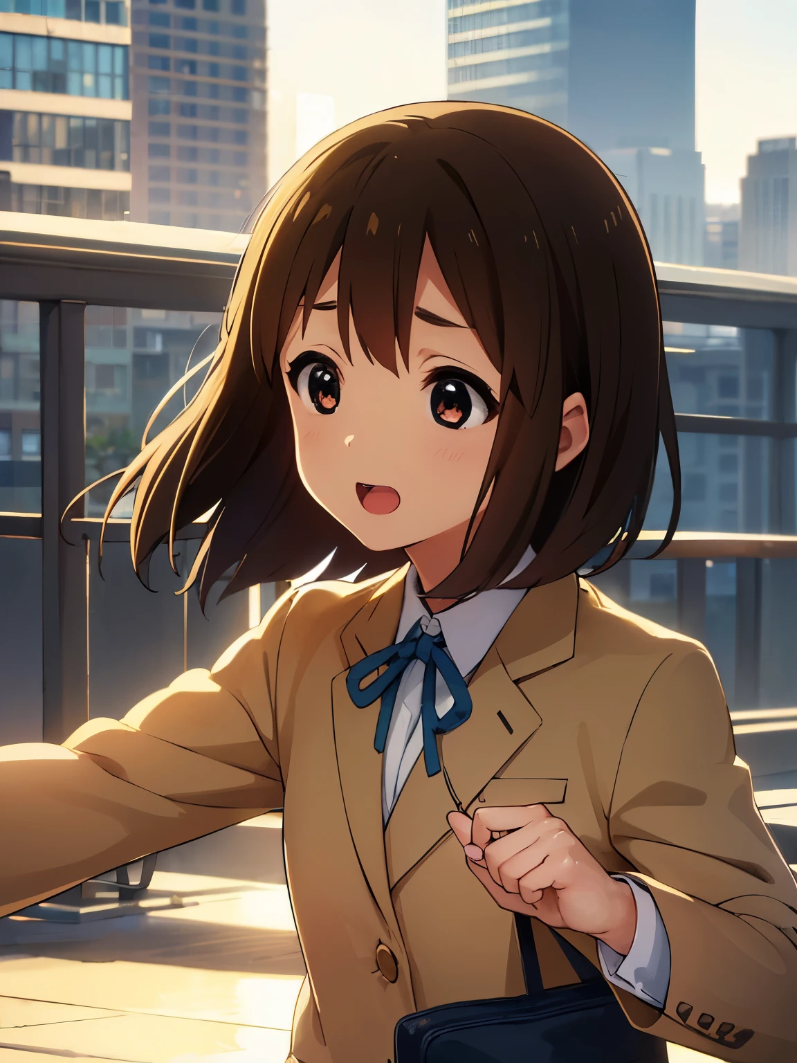 1girl, (((masterpiece))), top-quality, top-quality, High Details, hirasawa yui, 1girl, Sakuragaoka High School Uniform, student clothes, short hair, A brown-haired, brown-eyed, 独奏, reddish, Dark blue blazer with thin blue ribbon, Solid white buttoned shirt under blazer, illustratio, comic strip, soothing tones, Subdued Color, Soft cinematic light, adobe lightroom, photolab, HDR, intricately and hyper-detailed、(((depth of fields))))。(((masterpiece)))。(((top-quality))).)((ultra-detailliert)))。(((illustratio)))。(((takeout))).dynamic focus.big breasts.(((Skyscrapers))).(((A city scape))).(((Face of happiness))). open mouth.(((fighting stance))).(((up chest))).((afternoon glow)).((the setting sun)).