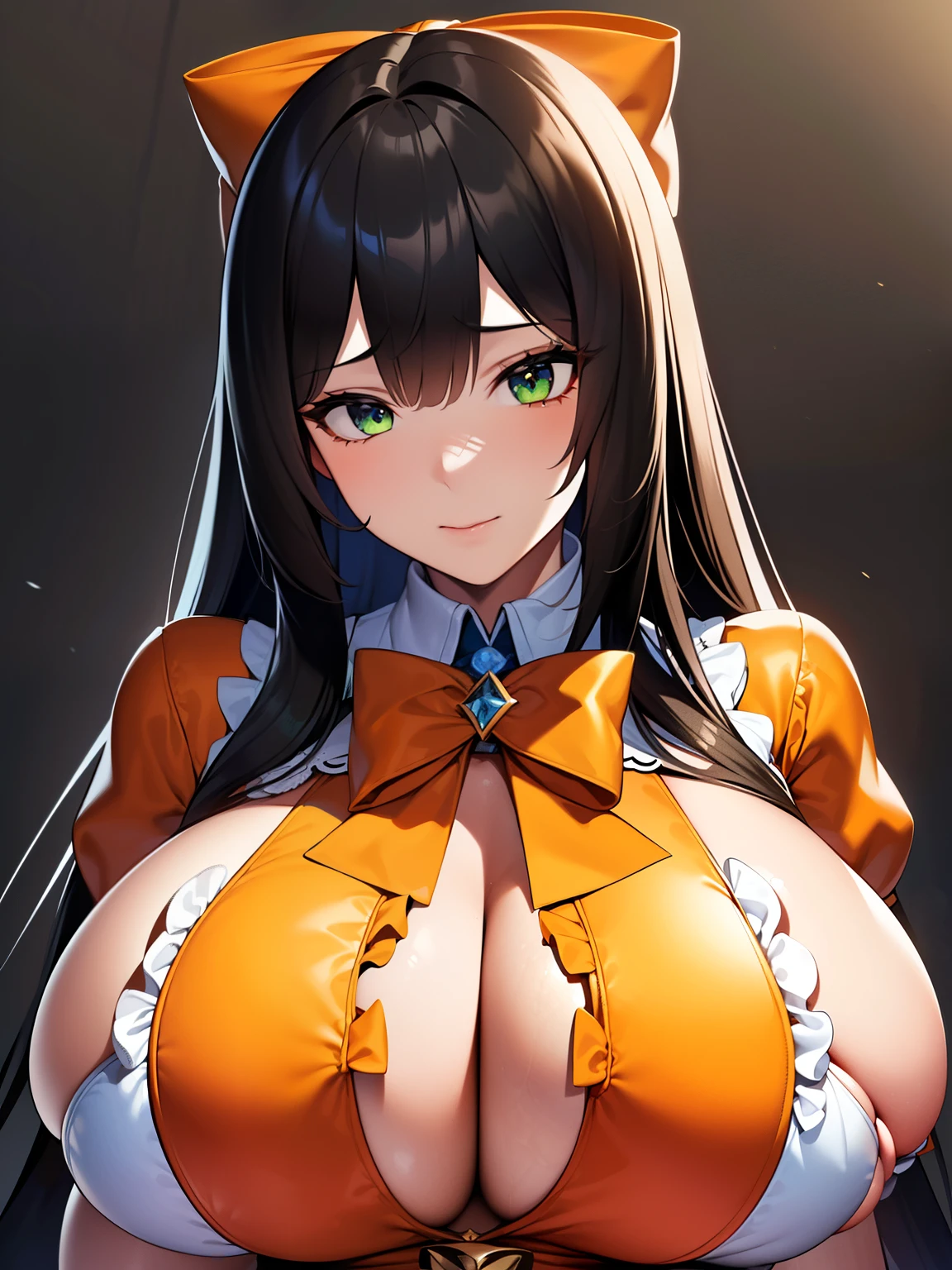 (8K, Best quality, tmasterpiece:1.2),\(eye detailed\),(\(Clothes detail details\)\),full bodyesbian,(huge tit),(Facial focus) ,Very detailed CG unity 8K wallpaper,hugefilesize,ultra - detailed,A high resolution,absurderes,beautidful eyes,Ray traching,dramatic shadow,finely detailled,Dramatic angles,Hyper-detailing,(1 girl:1.3),(Solo),,Mature female,Long hair black,Green eyes,Wearing(cosplaying_magical girl,very cute orange dress with ruffles,Large Ribbon Bow Tie Back),