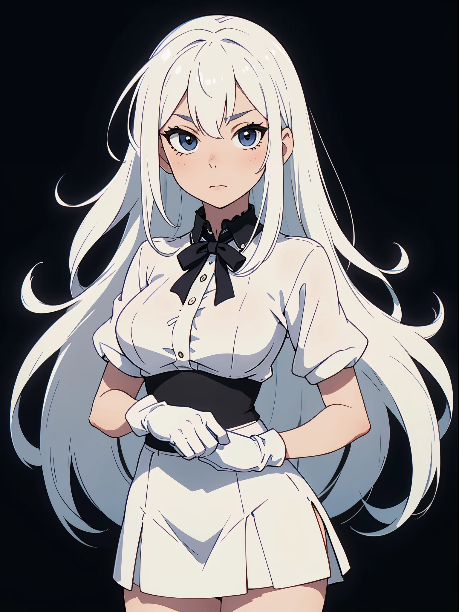 ((White hair)),((Head and Shoulders Image)),(super-long hair),Sexy,A person,Alone,Simple style,pancake ,Simple details,Black background,Empty background,Black background wall,(20 year old woman),(Droopy hair),(White Gloves),Puffy skirt,(Lace Shirt),Lace,(confidence)