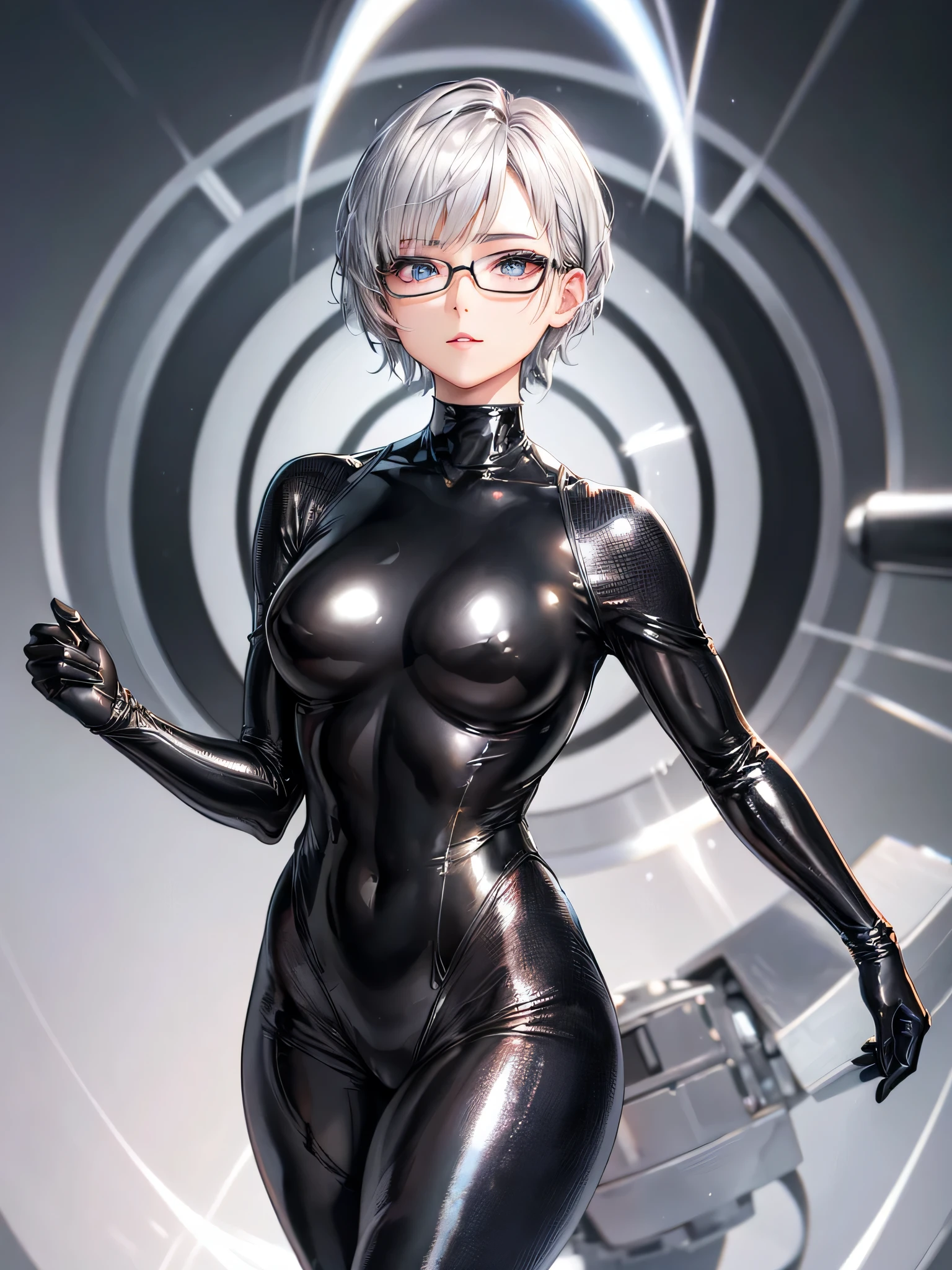 Top quality 8K UHD、short hair、pieces fly、cute eyes、silver hair、Glasses、logic、Full body gloss、Beautiful woman wearing a full-body black metallic suit、A black rubber suit that hides your lustrous skin