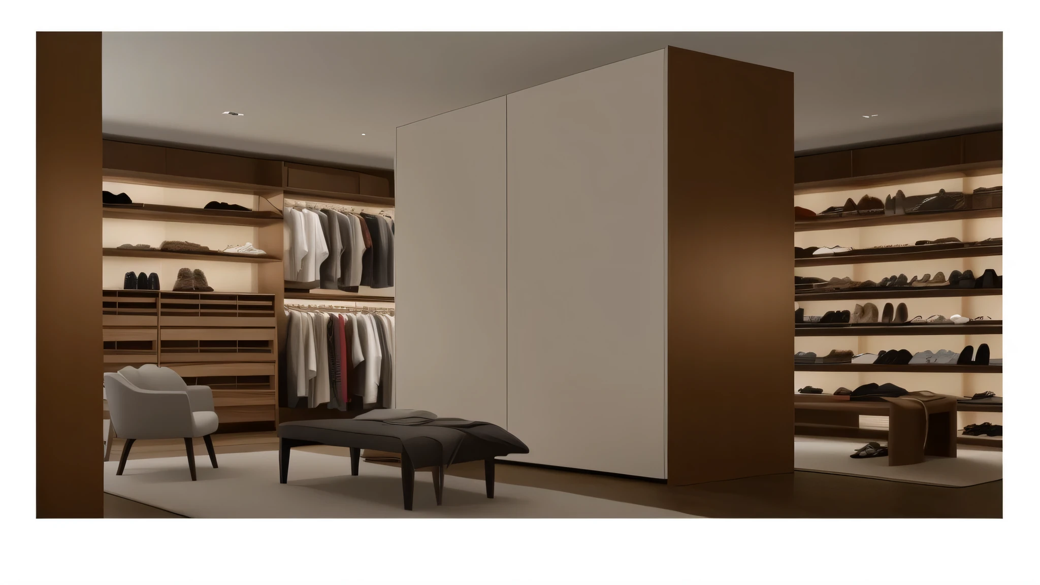 Wardrobe view with bench and shoe rack, elegant wardrobe, Elegant futuristic wardrobe, modern gallery furniture, Modern and simple f 2 0, Modern and simple f 2 0 clean, Accent lighting, Superb detail 8K, High quality rendering, elegant minimalism, lowest point illumination, Modern and simple, cupboard家具, cupboard, Smooth lines and great power