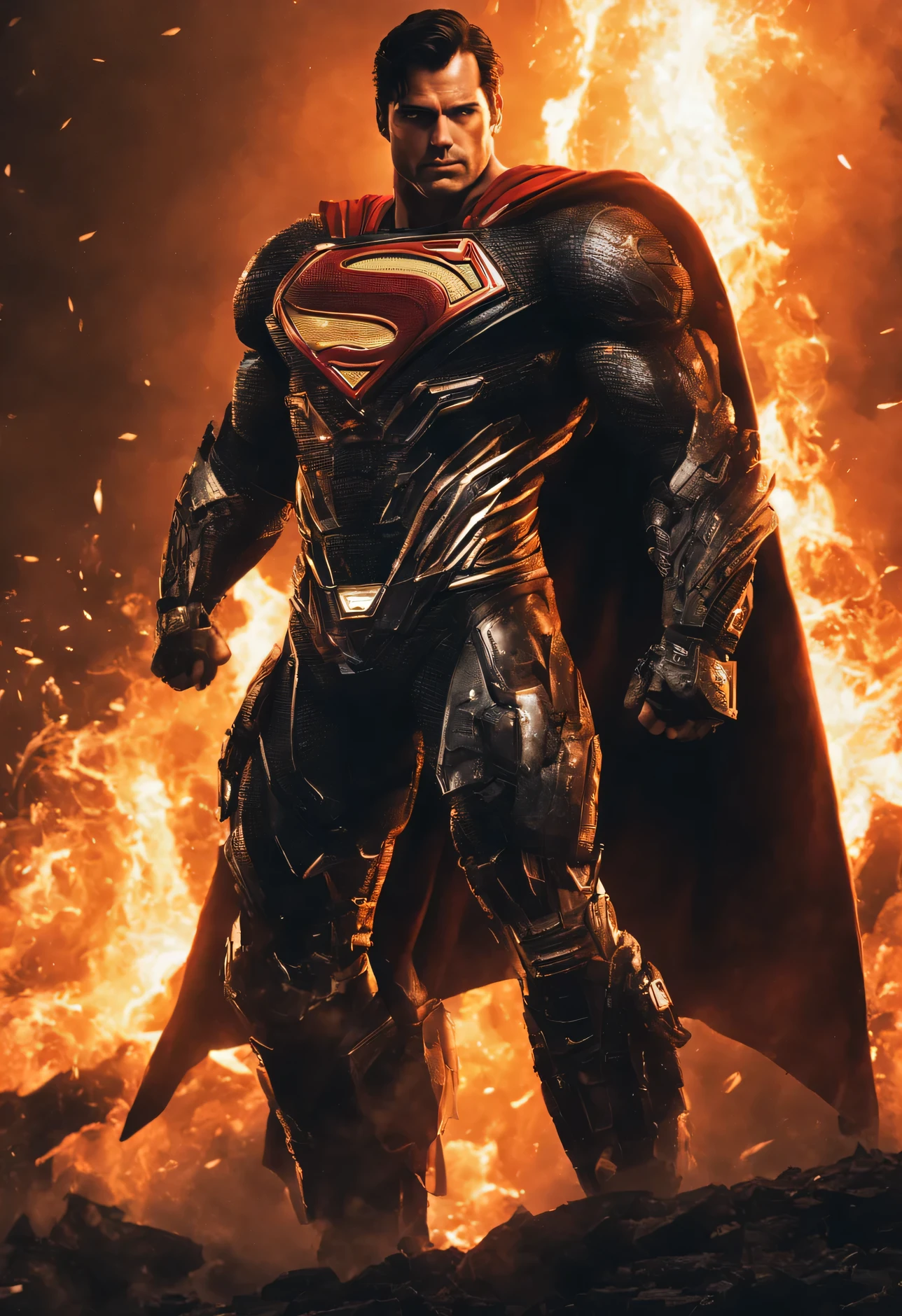 a close up of a superman posing in front of a fire, transformers cinematic universe, wojtek fus, hq 4k wallpaper, transformers : the last knight, in the movie transformers, thertrevkaiser, Henry Cavill as superman, artstation masterpiece, super robot, superman fused with optimus prime, japanese dc live-action movie, hd wallpaper, inspired by Zack Snyder, Henry Cavil so handsome, superman wallpapers hd superman wallpapers hd wallpapers hd wallpapers, superman emerging from the sun, fractal thunder dan mumford, experimental supersoldier, superman pose, glowing in power, dc comics art style, superman, dan mumford. octane render, ultra instinct, super hero art, inspired by Rob Liefeld, super power, dan mumford. 8 k octane render, epic comic book style