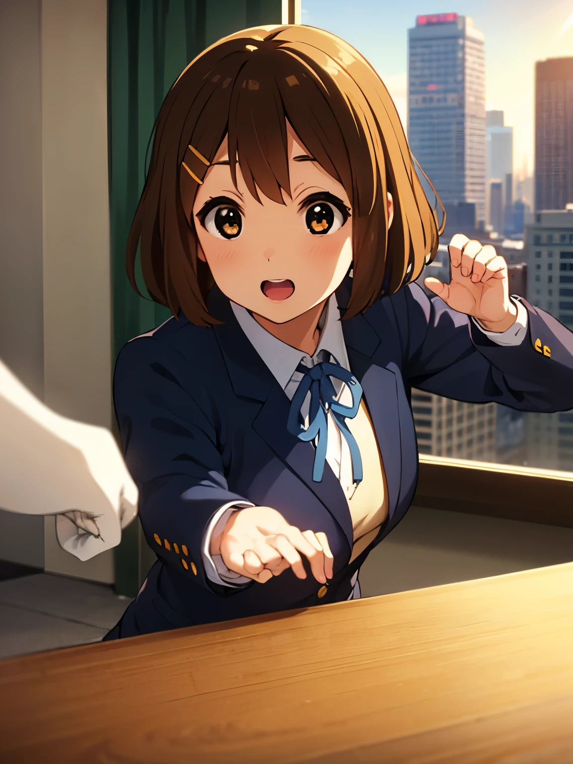 1girl, (((masterpiece))), top-quality, top-quality, High Details, hirasawa yui, 1girl, Sakuragaoka High School Uniform, student clothes, short hair, A brown-haired, two yellow hairpin, brown-eyed, 独奏, reddish, Dark blue blazer with thin blue ribbon, Solid white buttoned shirt under blazer, illustratio, comic strip, soothing tones, Subdued Color, Soft cinematic light, adobe lightroom, photolab, HDR, intricately and hyper-detailed、(((depth of fields))))。(((masterpiece)))。(((top-quality))).)((ultra-detailliert)))。(((illustratio)))。(((takeout))).dynamic focus.big breasts.(((Skyscrapers))).(((A city scape))).(((Face of happiness))). open mouth.(((fighting stance))).(((up chest))).((afternoon glow)).((the setting sun)).