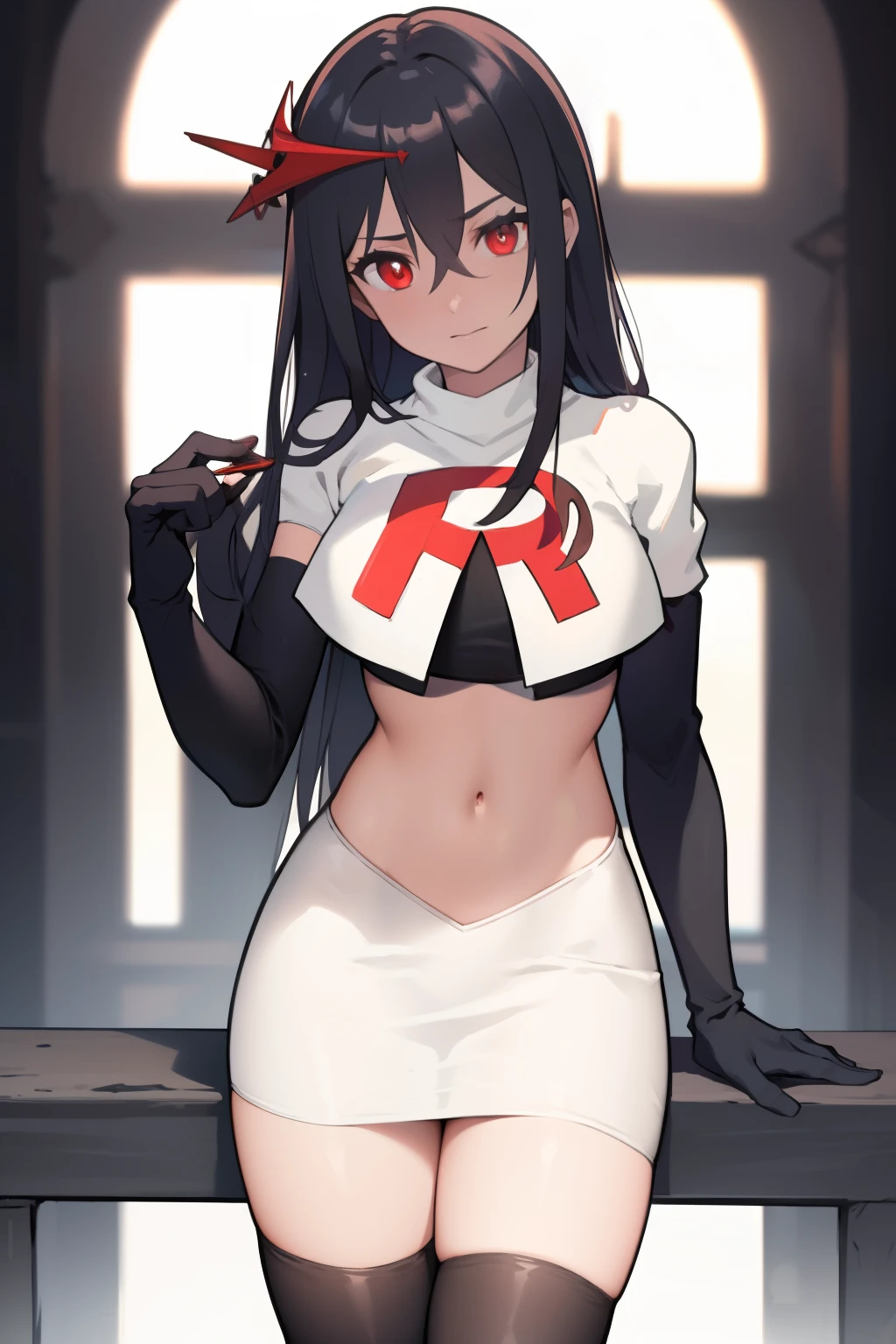 best quality, masterpiece, ultra-detailed, beautiful, highres, original, absurdres,  senti,
1girl, solo, long_hair, looking_at_viewer, bangs, hair_ornament, red_eyes, hair_between_eyes, team rocket,team rocket uniform,white skirt,red letter R,crop top,black thigh-highs,black elbow gloves