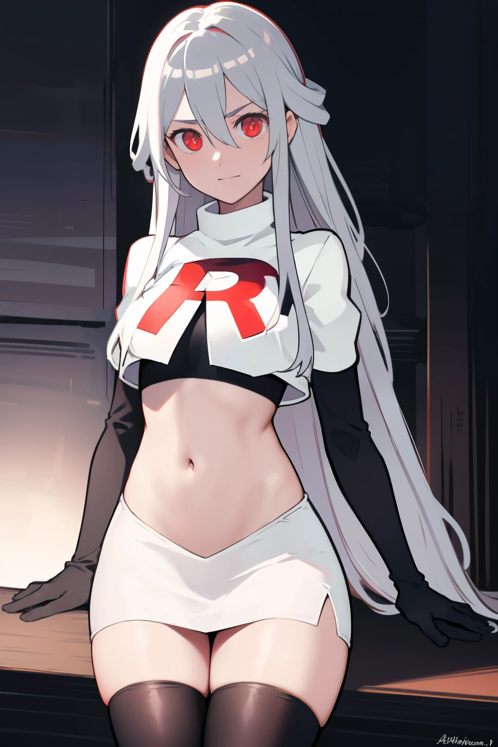 best quality, masterpiece, ultra-detailed, beautiful, highres, original, absurdres, senti,
1girl, solo, long_hair, looking_at_viewer, bangs, hair_ornament, red_eyes, hair_between_eyes, team rocket,team rocket uniform,white skirt,red letter R,crop top,black thigh-highs,black elbow gloves