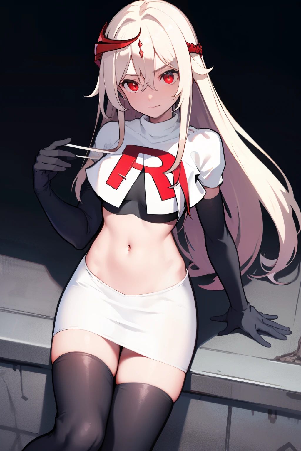 best quality, masterpiece, ultra-detailed, beautiful, highres, original, absurdres, senti,
1girl, solo, long_hair, looking_at_viewer, bangs, hair_ornament, red_eyes, hair_between_eyes, team rocket,team rocket uniform,white skirt,red letter R,crop top,black thigh-highs,black elbow gloves