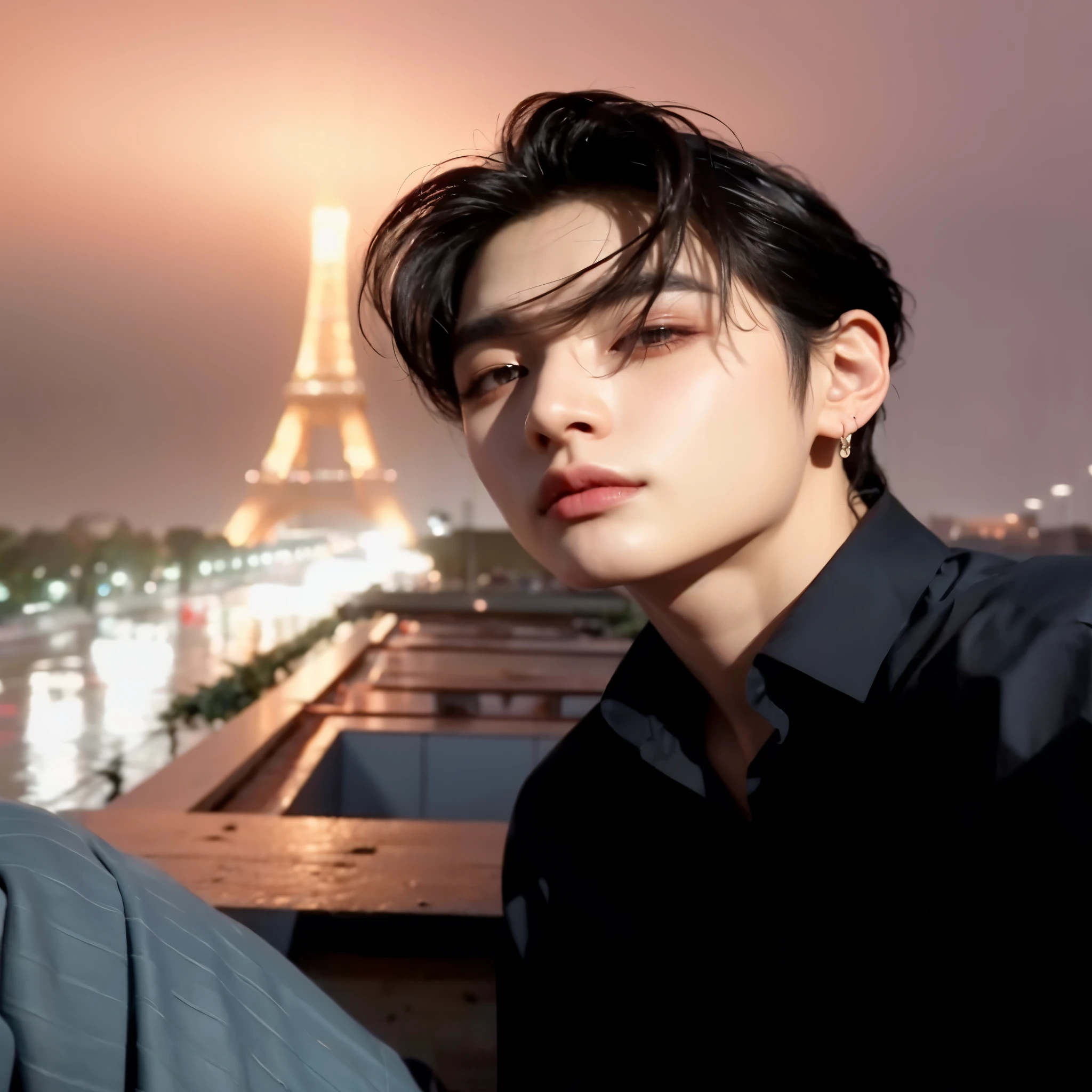 Imagem de um homem com uma camisa preta e uma camisa preta, cai xukun, inspirado em Yanjun Cheng, estilo de arte de anime realista, pintar ulzzang, inspirado em Zhang Han, handsome androgynous prince, Linda pose de anime, inspirado em Bian Shoumin, realism art style, com olhos roxos brilhantes, inspirado em jeonseok lee, estilo de arte realista, Kim Taehyung, BTS, Taehyung
