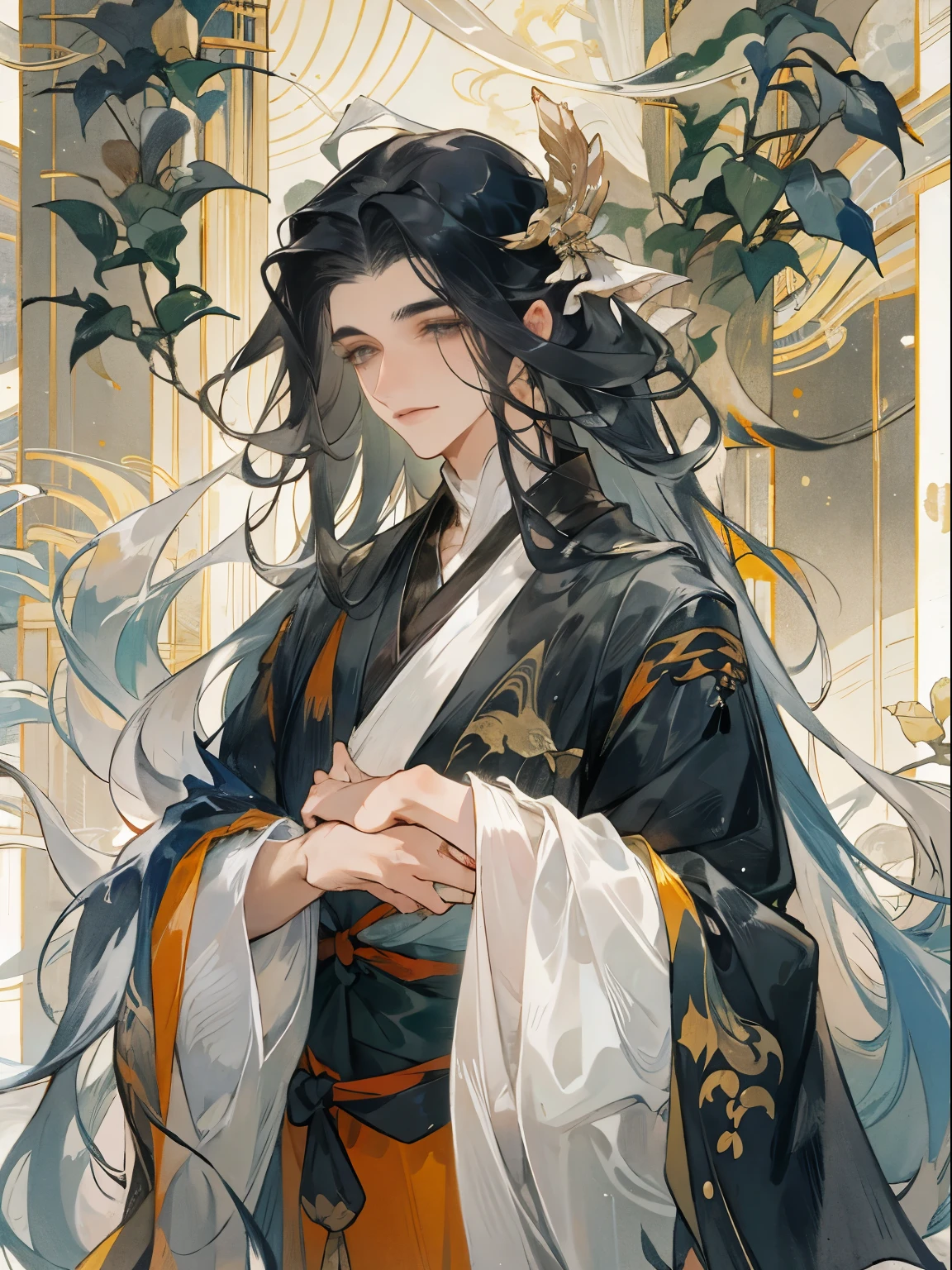 ,flowing sleeves,Big watery eyes and long eyelashes,Beautiful face and smooth fair skin,delicate face,long black hair,Handsome guy in ancient China,Wearing ancient Chinese costumes,flowing tulle,light tone,light tone,(clean background),ink painting style,clean colors,Decisive cuts,space,unarmed,masterpiece, Super exquisite,epic work,high quality,best quality,4K, Rendering a glow,Bright contrasting colors mission accomplished