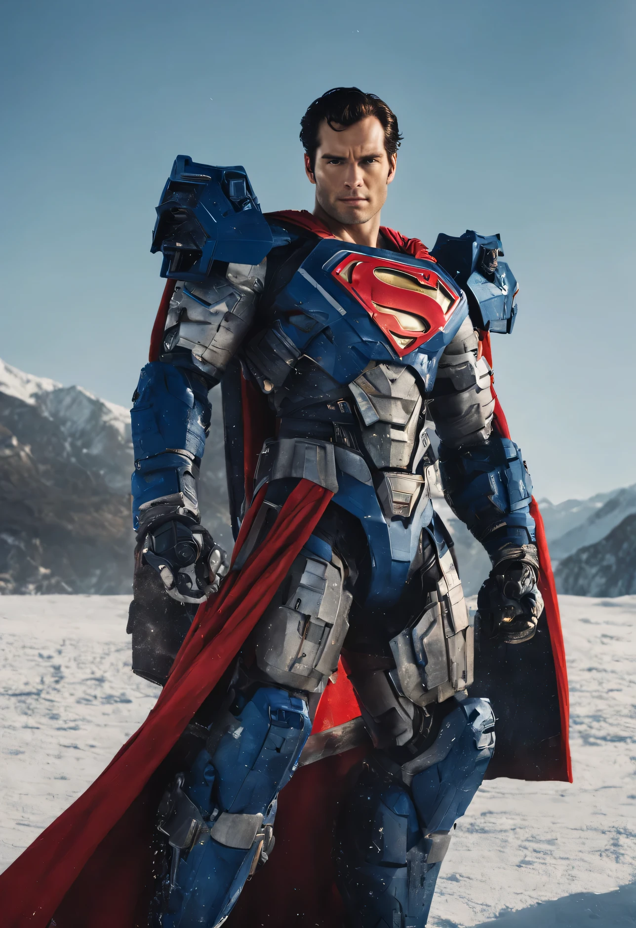 a close up of a superman standing in front of a snow, transformers cinematic universe, wojtek fus, hq 4k wallpaper, transformers : the last knight, in the movie transformers, thertrevkaiser, Henry Cavill as superman, artstation masterpiece, super robot, superman fused with optimus prime, japanese dc live-action movie, hd wallpaper, inspired by Zack Snyder, Henry Cavil so handsome, snow suit