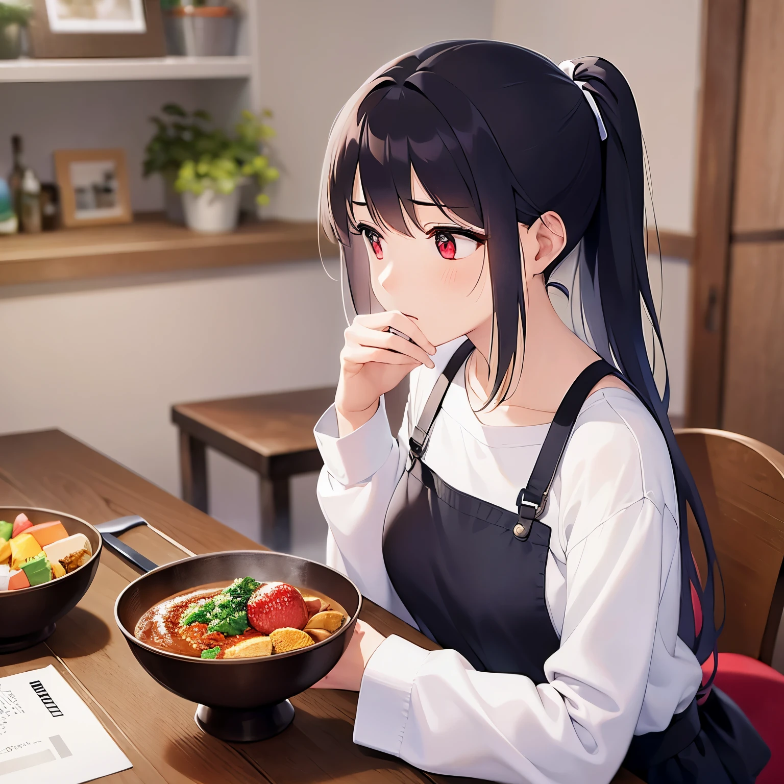side angle, (looking away:1.5), Upper Body, shiny skin, japanese idol、shiny hair、(25 year old woman with black bangs) and (ponytail) and (red eyes), (White long Sleeve foemal shirt), Wearing a black apron、(confused:1.3), The background is the living room、sitting at the dining table