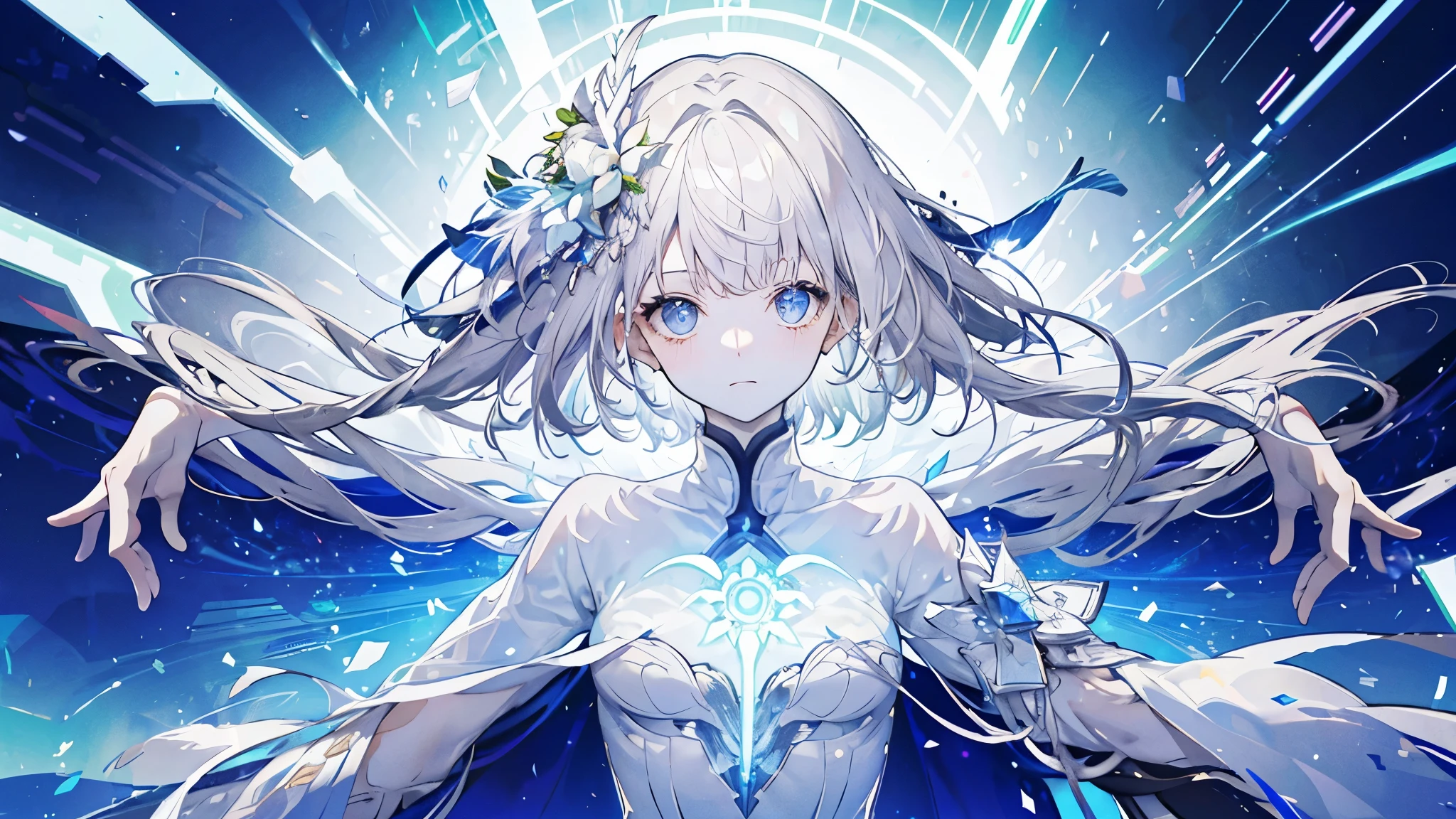 bright complexion, their skin seemingly shine. They are adorned with a pair of Sparkling,,bright, complexion, shine, otherworldly, shine, Sparkling, elegant, Sacred, ethereal, fascinating, beauty, mystery.Upper body,　gray hair, fold your arms, myself,Neon background based on white