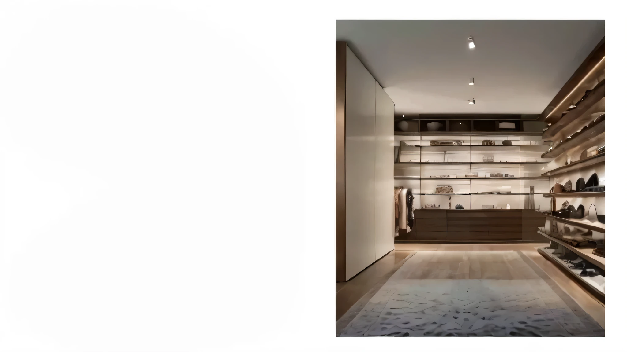 View of room with lots of shelves and rug, Clear and smooth lines, elegant wardrobe, sleek streamlined design, design, author:Leo Goetz, Award-winning masterpiece, Accessories, Exquisite details, color, real reality images, Elegant futuristic wardrobe, Award-winning masterpiece, Light, exhibit, inspiration, picture, conceptual, clean minimalist design