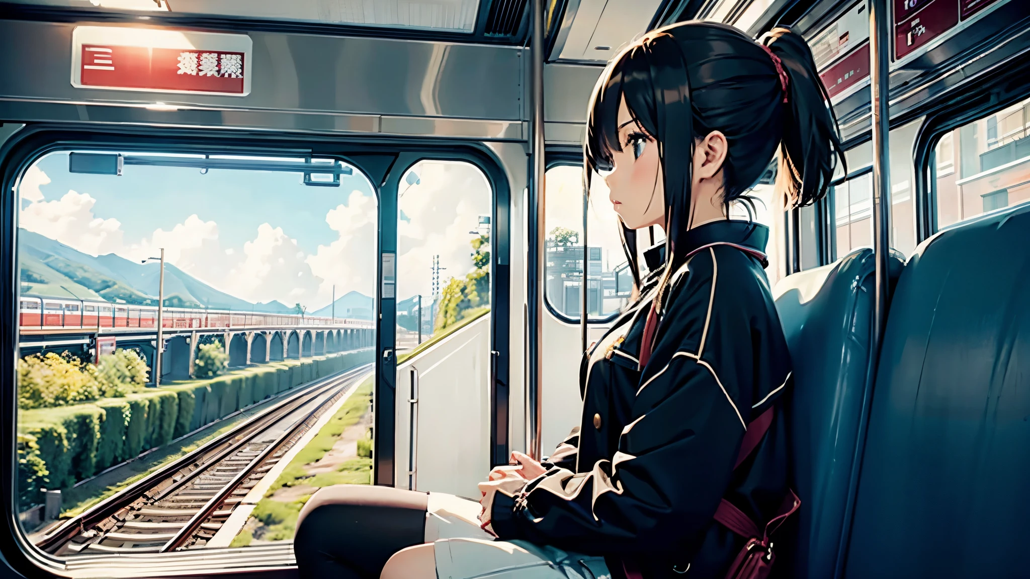 High resolution 8K, The girl is sitting on the train and looking at the scenery from the window,profile、nostalgic face