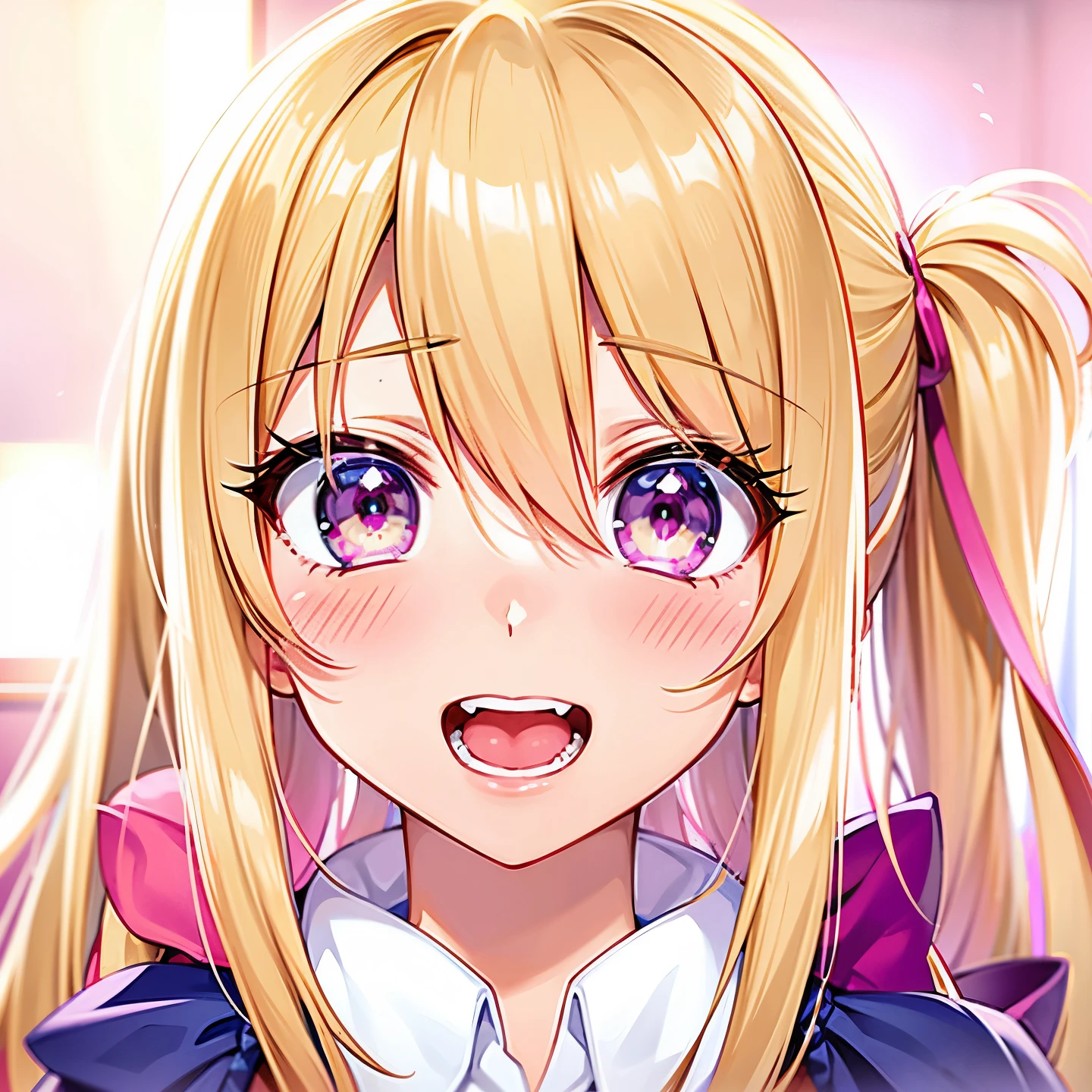 anime girl with long blonde hair and pink eyes staring at the camera, anime best girl, anime visual of a cute girl, anime girl named lucy, extremely cute anime girl face, kinmoza!, anime hi-fructose, yami kawaii, cute anime face, anime moe artstyle, nagatoro, perfect anime face, rei hiroe, in an anime
