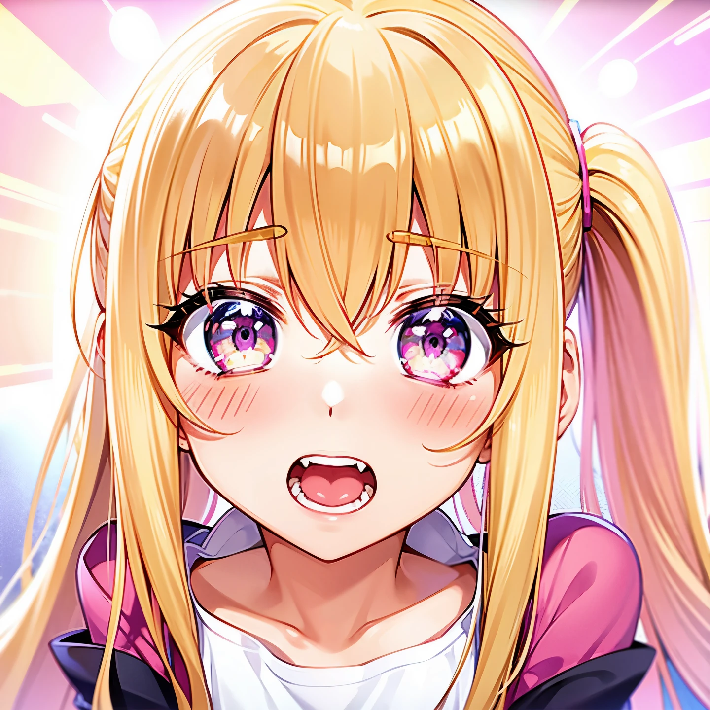 anime girl with long blonde hair and pink eyes staring at the camera, anime best girl, anime visual of a cute girl, anime girl named lucy, extremely cute anime girl face, kinmoza!, anime hi-fructose, yami kawaii, cute anime face, anime moe artstyle, nagatoro, perfect anime face, rei hiroe, in an anime