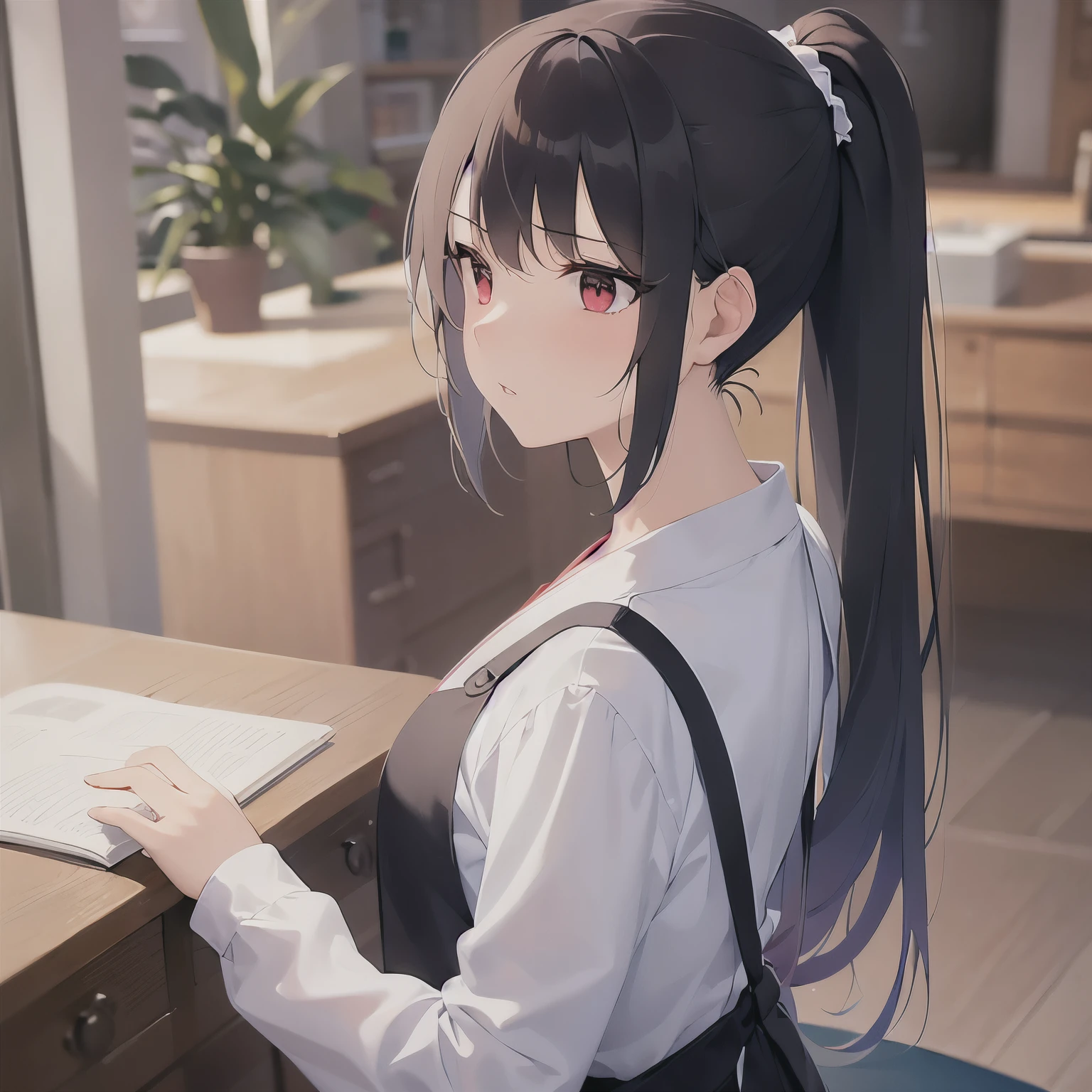 side angle, (looking away:1.5), Upper Body, shiny skin, japanese idol、shiny hair、(25 year old woman with black bangs) and (ponytail) and (red eyes), (White long Sleeve foemal shirt), Wearing a black apron、(confused:1.3), The background is the living room、Are standing