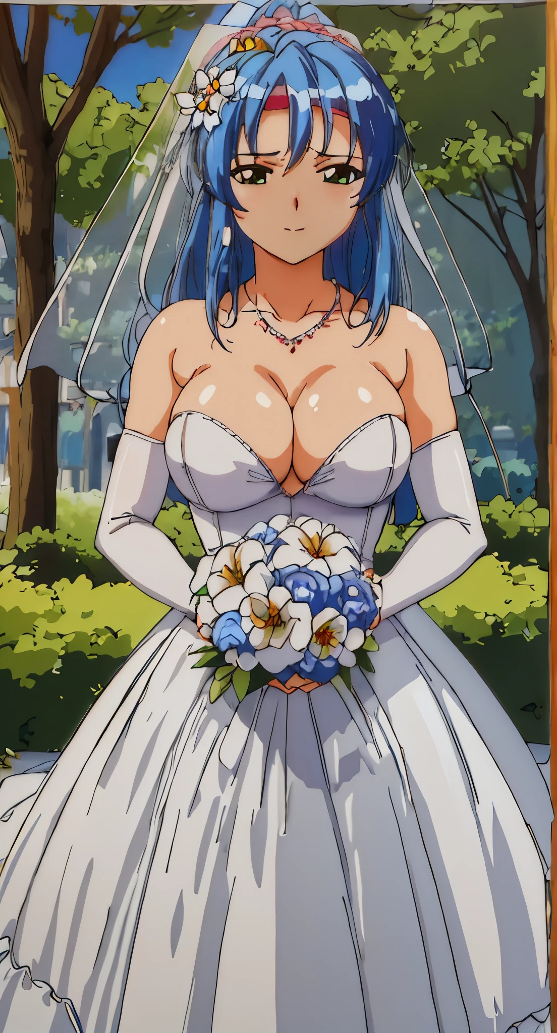 Ayumi_tenkawa,
blue hair, Bangs,green eyes,Headband,ponytail,
1 girl, 20 years old,young women,Close-up of beautiful bride wearing beautiful bridal dress,Guwitz,(Keep your mouth shut:1.5),Smile,Bridal makeup,Purple eye shadow,Double eyelids,pink blush,pink lipstick,(Transparent short veil:1.5),Blush,double-headed flower,headgear,(bandeau wedding dress:1.5),(Strapless wedding dress:1.5),pure white dress,necklace,earrings,(large breasts:1.3),Deep V peach heart collar wedding dress,透过Bangs,(elbowgloves:1.3),High detail RAW color art,