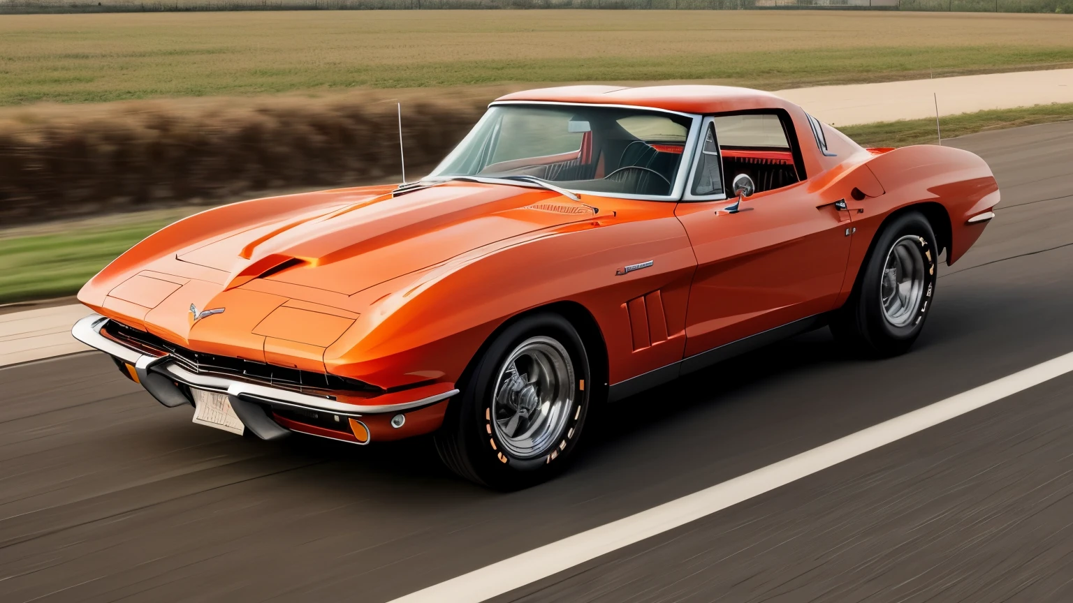 a red and orange car with a big engine, greg hildebrant, the car is corvette c2 1963, by Randy Gallegos, tim hildebrant, corvette c2 1963 , inspired by Ed Roth, pulling the move'derp banshee ', by Ed Roth, full view of a car, 1 9 6 5 lightning