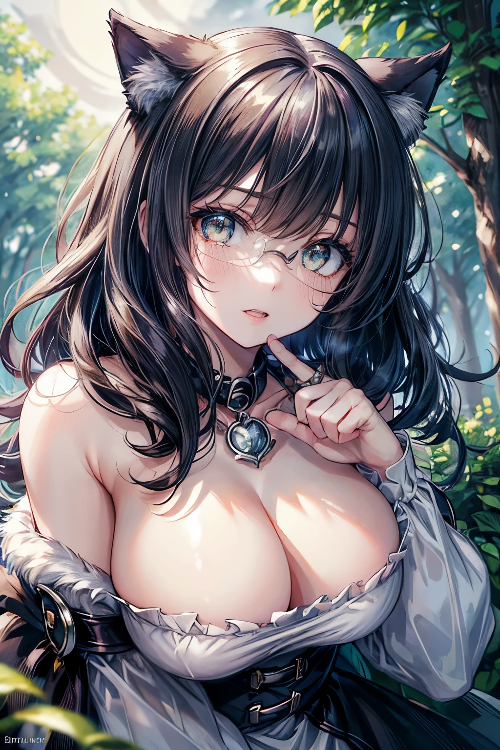 (best quality,4k,8k,highres,masterpiece:1.2),ultra-detailed,realistic:1.37,black dog,werewolf,heterochromia,puterier,cat woman,braces,glasses,affectionate,playful,moonlit night,cobblestone street,mysterious atmosphere,dark shadows,enchanted forest,full moon,mesmerizing eyes,handsome features,elegant fur,strong jaws,expressive ears,friendly wagging tail,cute button nose,strong bond,loving gaze,colorful collar,neighborhood park,natural backdrop,vivid colors,dappled sunlight,gentle breeze,lush greenery,whispering leaves,cat woman's graceful pose,moonlit romance,silver moonlight,playful interaction,chasing fireflies,feline grace,gentle eyes,sparkling braces,nerdy glasses,carefree laughter,flourishing love,perfect harmony