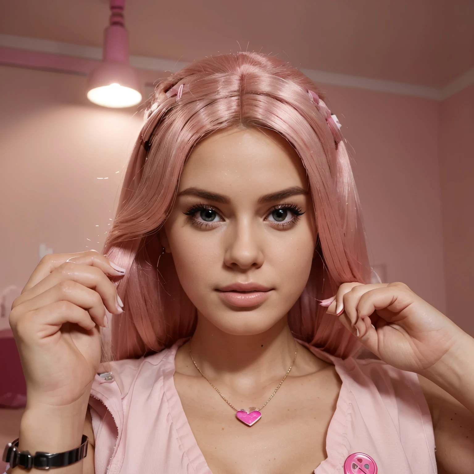 There is a man who is obsessed with Barbie
the next day she turned her house into a barbie
he's getting more and more obsessed,
then she went to the scientist's place, she accidentally pressed the pink button, then she became a barbie doll.