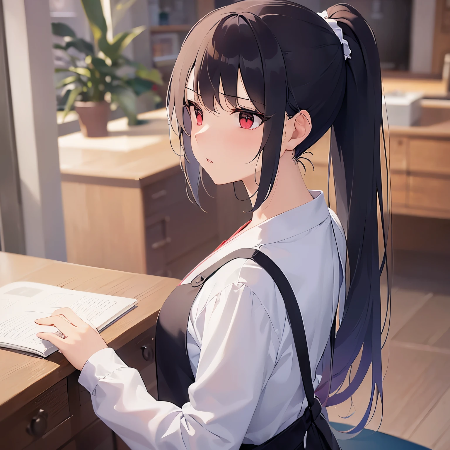 side angle, (looking away:1.5), Upper Body, shiny skin, japanese idol、shiny hair、(25 year old woman with black bangs) and (ponytail) and (red eyes), (White long Sleeve foemal shirt), Wearing a black apron、(confused:1.3), The background is the living room、Are standing