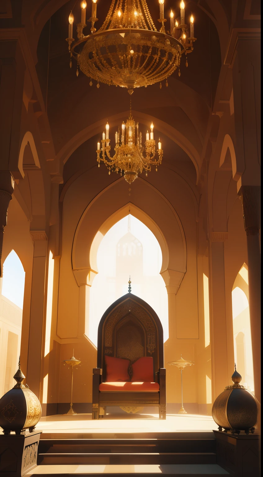 a close up of a large room with a chandelier and a chandelier, inside a palace, inside a grand ornate room, mosque interior, Moroccan mosque, islamic interior design, dark majestic ornate great hall, islamic architecture, Arabic architecture, cyberpunk mosque interior, unreal engine 5 render dramatic, in a throne room, exquisitely designed throne room, Moorish architecture, throne silhouette.