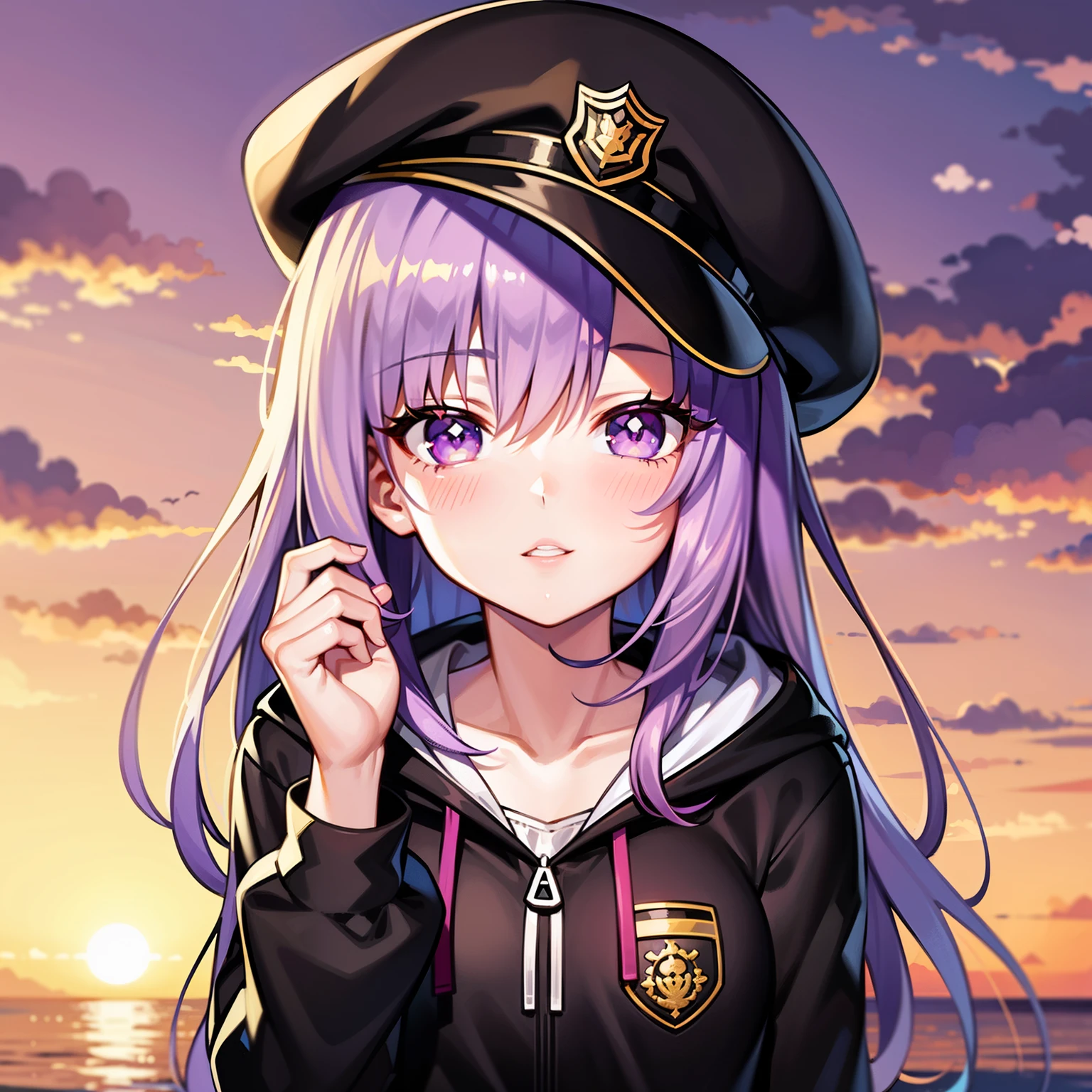 ((1girl, solo)), purple hair, long hair, purple eyes, grey, +_+, long sleeves, smile, (((parted lips))), hood down, (badge on hat), symbol-shaped pupils, looking at viewer, details eyes, absurdres, half body, ((sunset)), top view, (day time, sunny)