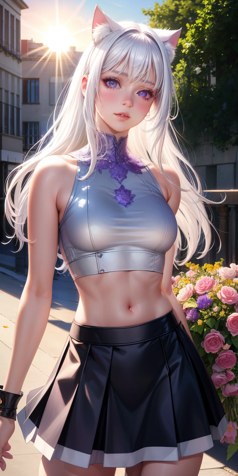 realistic, 1girl, white hair, purple eyes, glowing eyes, crop top, skirt, parted lips, blush, night, flowers, sun, sunlight, cat girl,