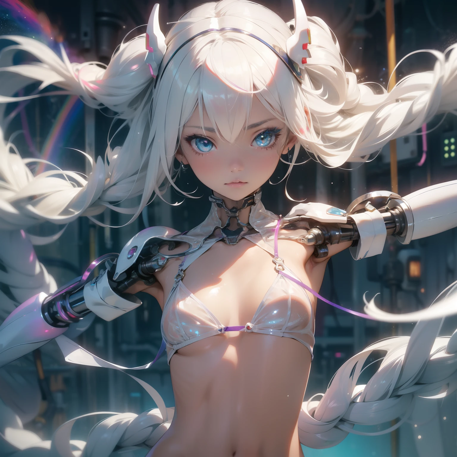 (quality)), ((masterpiece)), Recommended results、Puffy nipples、(see through:1.5)、straighten your back、abdominal muscles、huge bust、angle to floor:1.2、low camera angle、Hair loss on crotch,Hatsune Miku,super detailed)), (Very detailed的CG插画), ((extremely delicate and beautiful)),(1 white transparent mechanical girl)),alone,whole body,(Machine made joints:1.2),((mechanical limbs)),(Flashing blood vessel points connected to tubes),(Mechanical vertebrae attached to the back,with flowing glitter.),((Flowing rainbow fixed around neck)),perfect round face,(wires and cables attaching to neck:1.2),(Rainbow wires and cables on the head:1.2)(Character focus),,Very detailed,rich and colorful,most detailed,white ceramic skin,long blonde hair,maidennurse,demon,,vampire