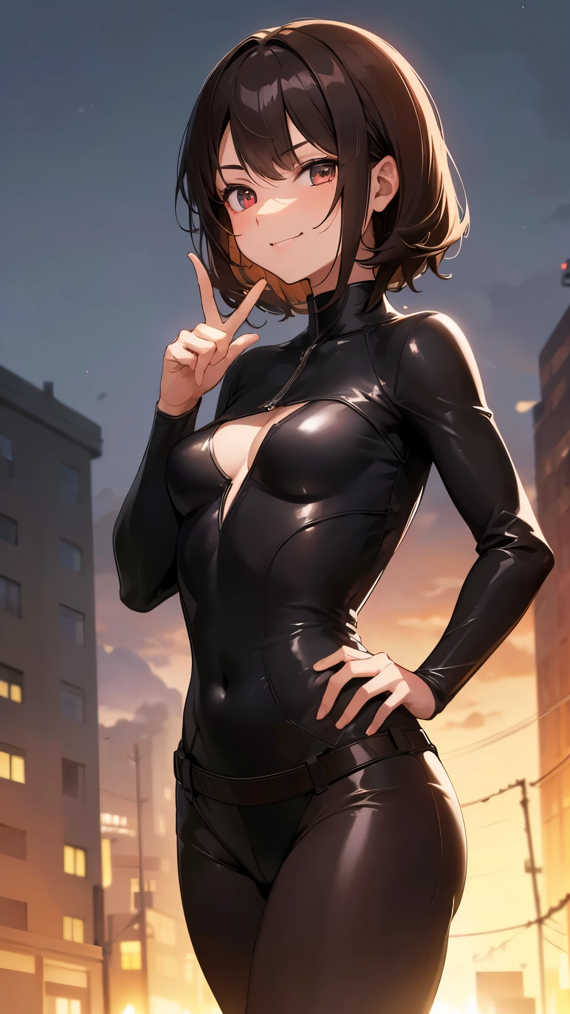 masterpiece, high quality, 8K, high resolution, ultra-detailed, anime, natural lighting, ultra detailed skin, ultra detailed face, cinematic style, cowboy shot, 1girl, 18 years old, (dark brown short hair), swept bangs, wavy hair, dark red cute eyes, ninja, (highly revealing clothing:1.3), dark aller at night, smirk, fang, trained body , small breasts, 150cm tall, finger pointing, one hand on hip, slouching,