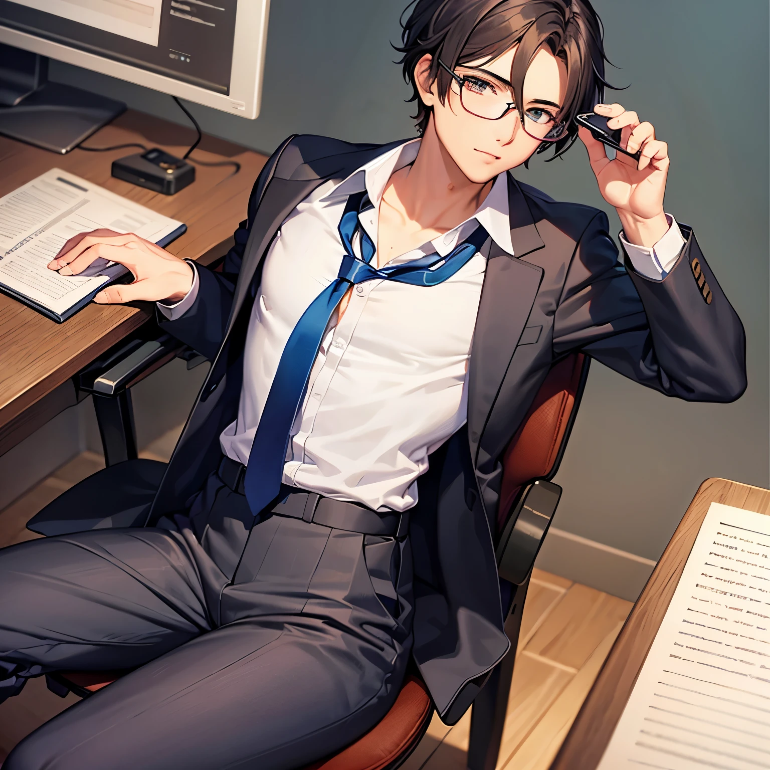 Male Glasses Baby face Late 20s Short hair Light curly hair Young Double eyes Delivery Earphones Desk chair Desk Sitting Realistic anime illustration Dress shirt Tie Slacks