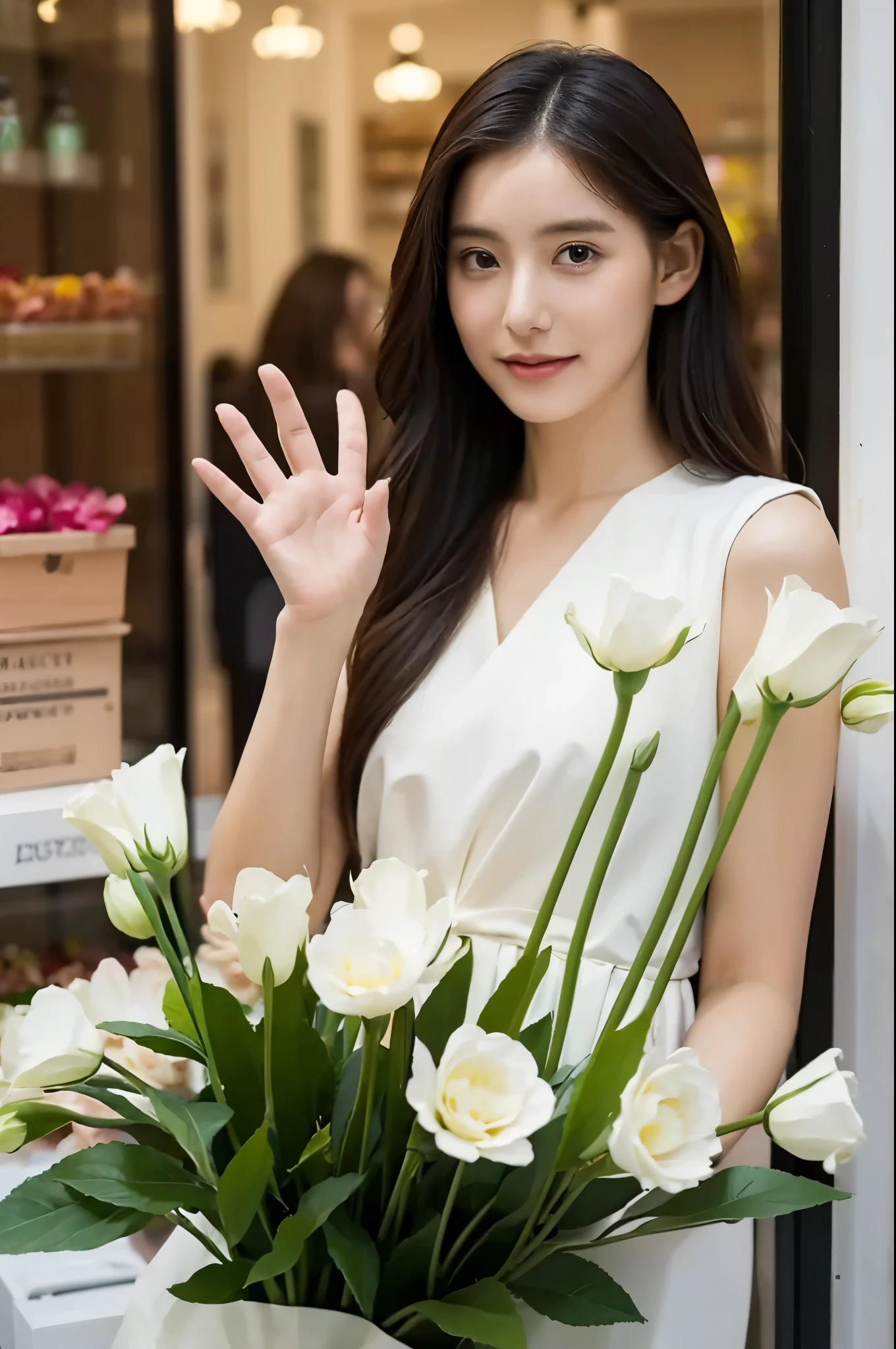 masterpiece, best quality, extremely detailed, hyperrealistic, photorealistic, a pretty woman working at flower shop:1.2, waving hand, perfect fingers, saying hi, looking at the viewer