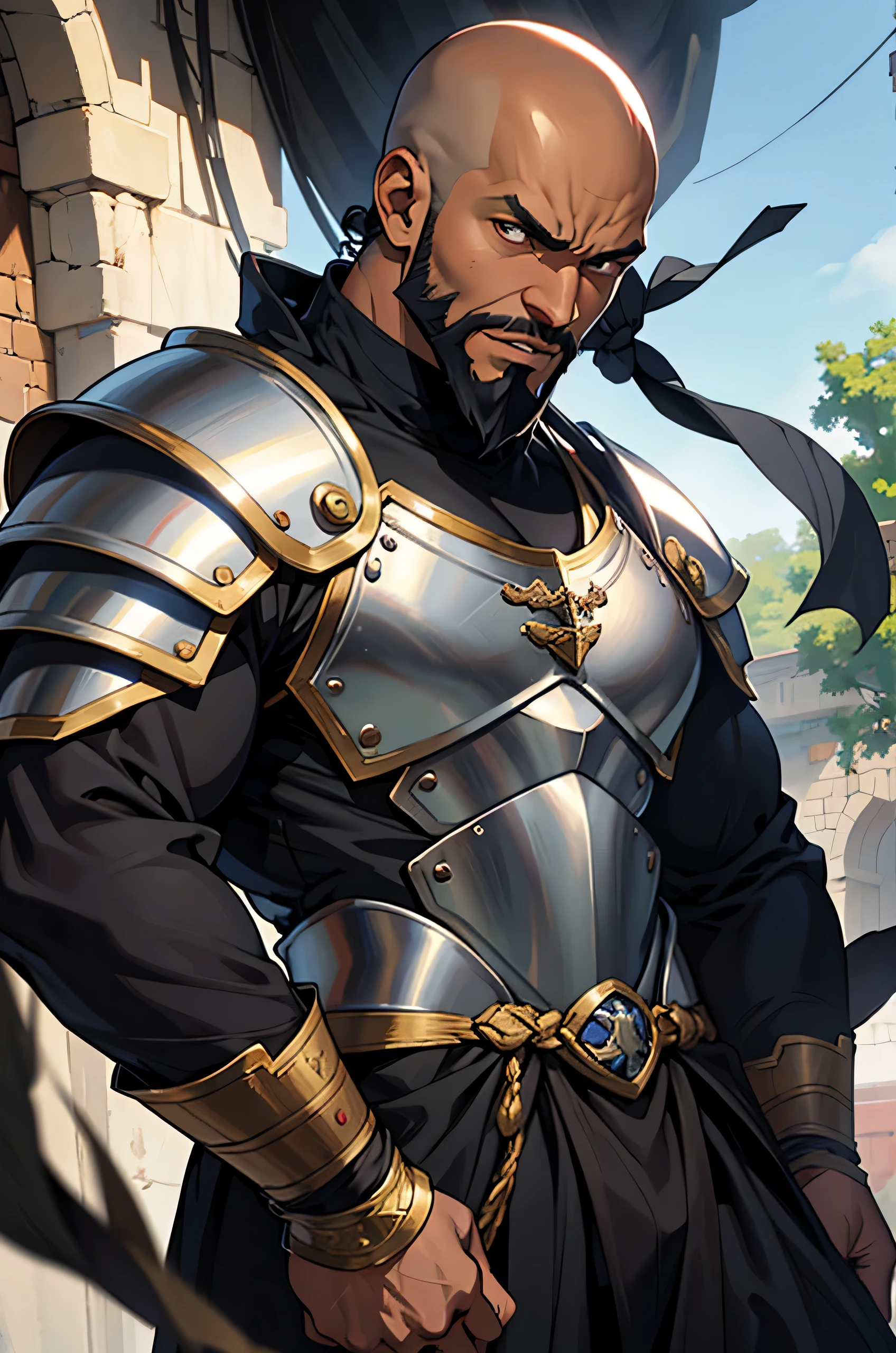 anime, masterpiece, best quality, by professional artist, 1man, male, solo, detailed composition, detailed eyes, dark skinned, black man, bald, no hair, african, beard, armor, warrior, fantasy, angry face, medieval anime art, burly