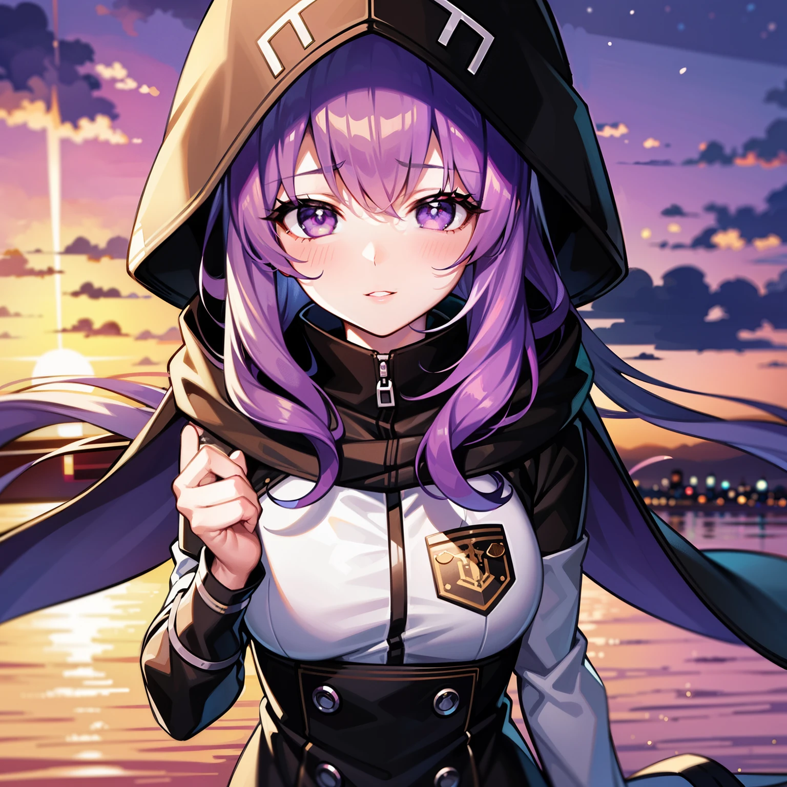 ((1girl, solo)), purple hair, long hair, purple eyes, grey, +_+, long sleeves, smile, (((parted lips))), hood down, (badge on hat), symbol-shaped pupils, looking at viewer, details eyes, absurdres, half body, ((sunset)), top view, (day time, sunny)
