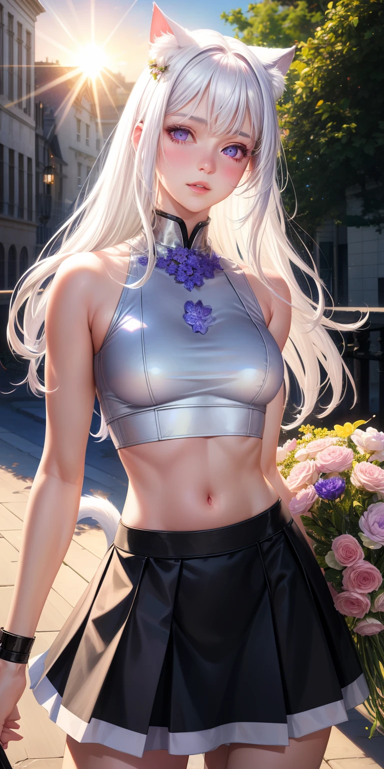 realistic, 1girl, white hair, purple eyes, glowing eyes, crop top, skirt, parted lips, blush, night, flowers, sun, sunlight, cat girl, exposed,