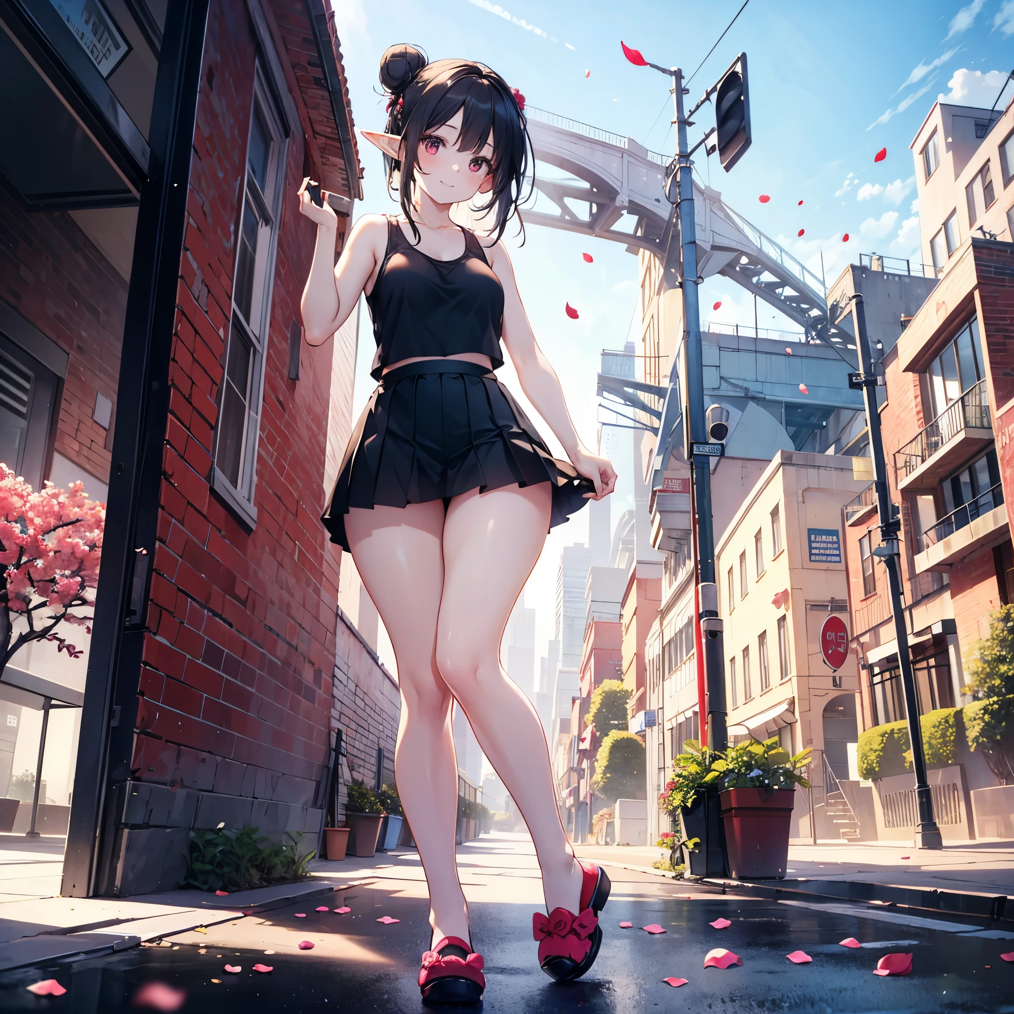 realistic image, coherent image, detailed image, 1 beautiful elf, She has black hair, long, silky, loose hair with a bun, red colored eyes, her face is oval and delicate, smiling happily, She is wearing a tank top, black pleated mini skirt, moccasins slippers, She has a curvy body, small breasts, thick thighs, full body view, park background, flower petals falling,
Con