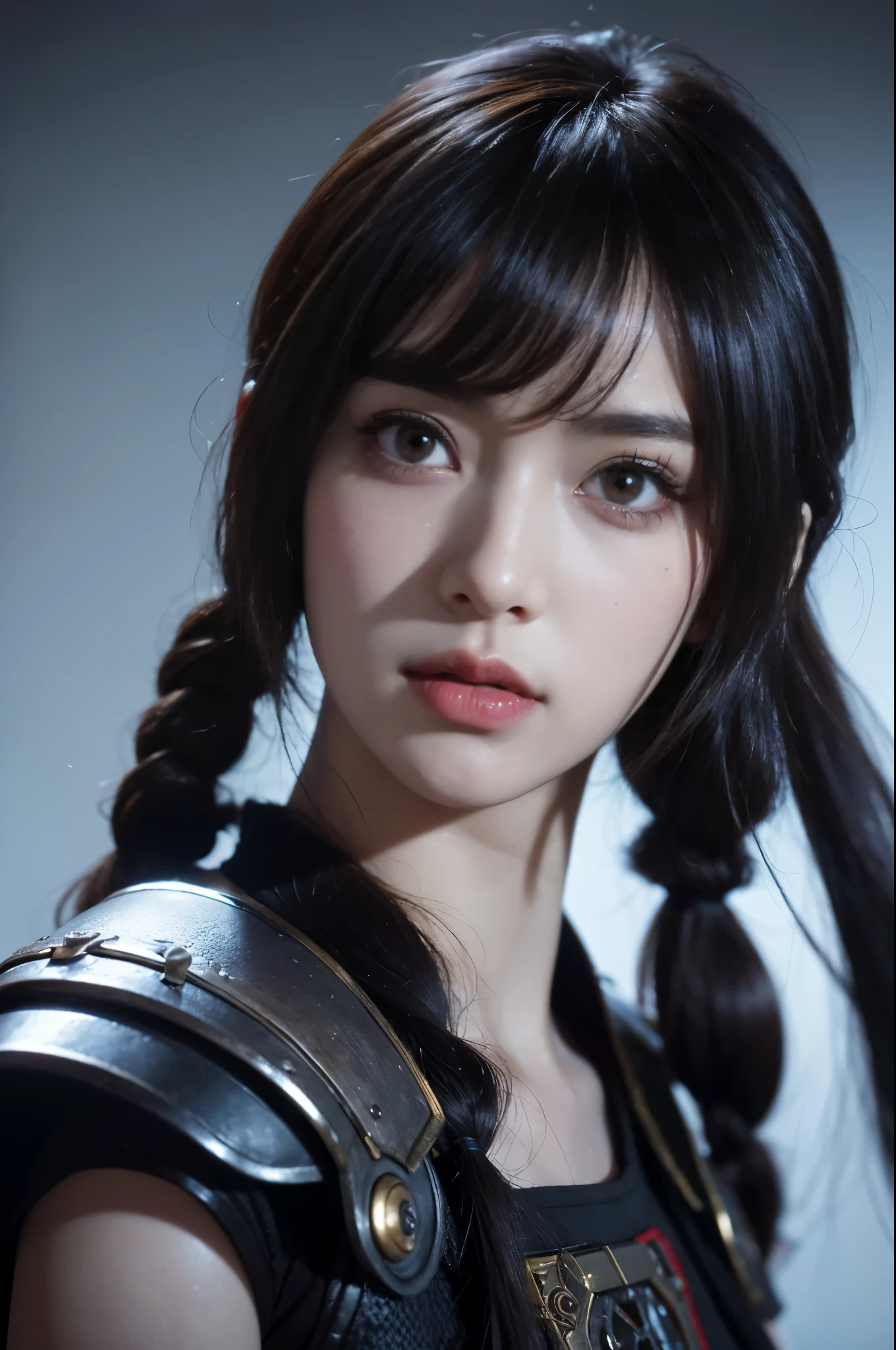 masterpiece,best quality,high resolution,8k,(portrait),((Head close-up)),real picture,digital photography(将古代奇幻风格与未来cyberpunk style相结合的女性),20 year old girl,Long ponytail hairstyle,through bangs,(random color eyes),(Hair color random),full,,Elegant and noble,Serious and indifferent,Clothing that combines ancient costumes with modern combat uniforms,pauldron,Openwork design,Rich details​,close your mouth,Intricate ornaments,cyberpunk style,(female warrior),White background,oc render reflection texture