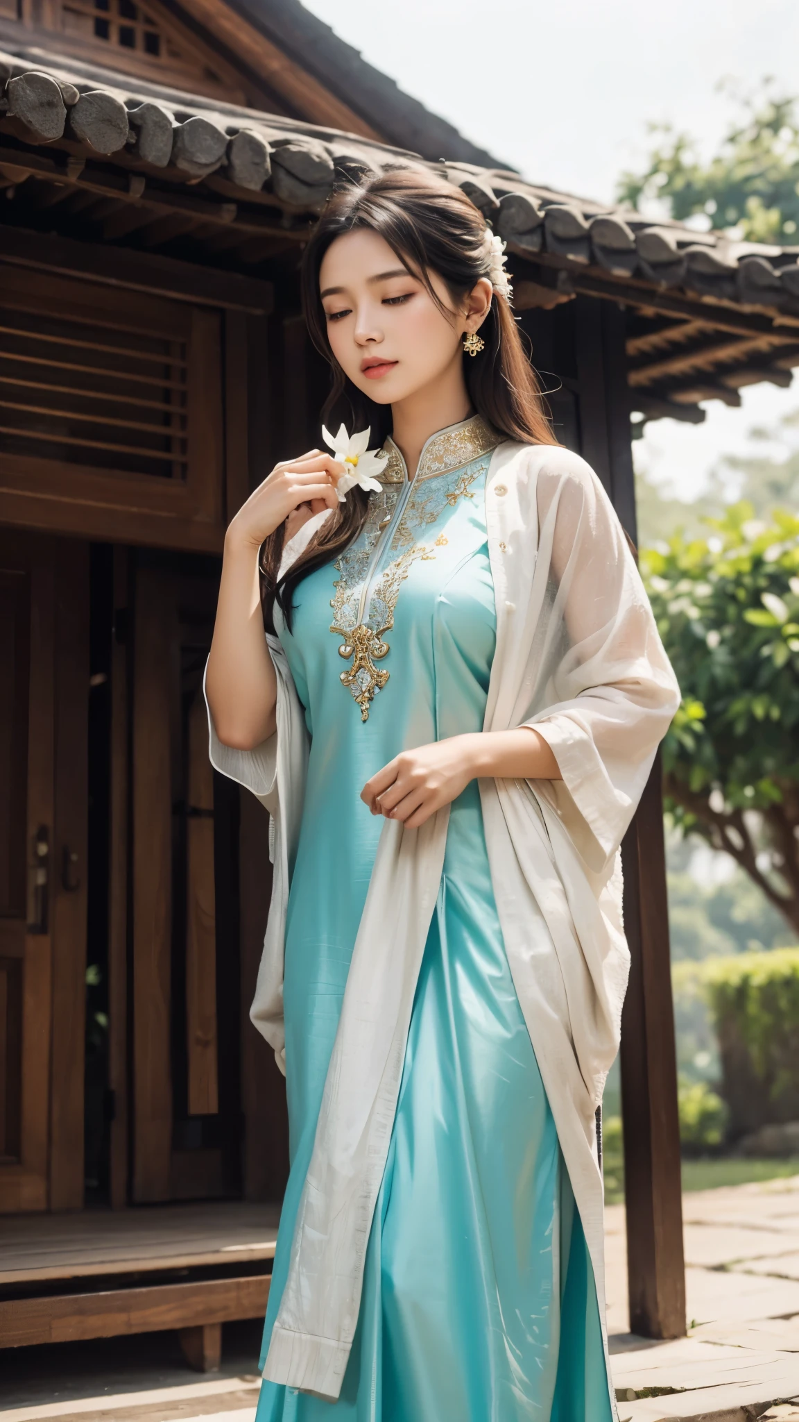 a beautiful woman holding a jasmine flower in her hand  while raining,she is standing and close her eyes and she raised her head,burmese dress,scene with jasmine tree and beautiful house in the background,cool lighting,
