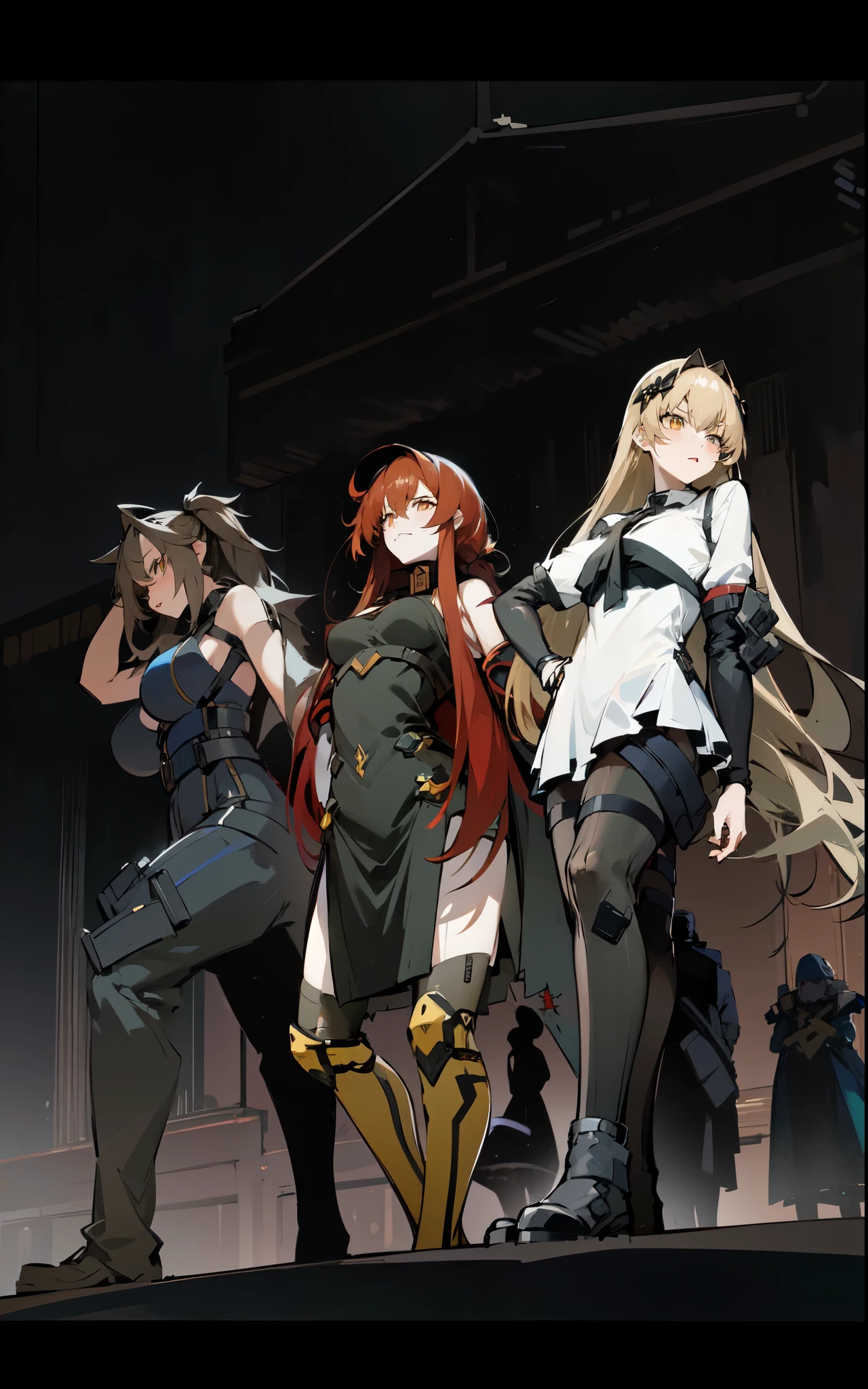 [ anime - style illustration of three girls in front of a dark building ], gacha character illustration, blonde from girls frontline, (((fate grand order style))), girls frontline style, girls frontline universe, fine details. girls frontline, m4 sopmod ii girls frontline, cushart kenz, girls frontline, from arknights, trending on artstation pixiv, digital anime art