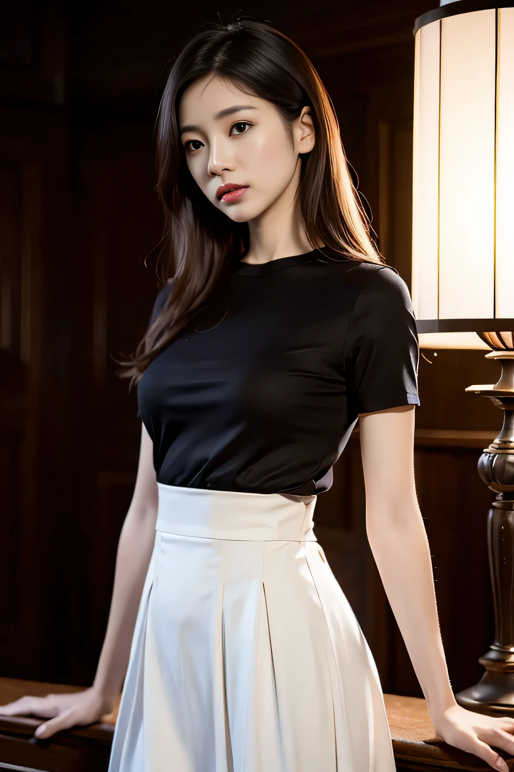 japanese actress, Emily Suzuhara, masterpiece, light makeup, red lips, redhead, messy long hair, pure background, beautiful, elegant. super fine details, masterpieces, realistic texture, realistic cinematic lighting, perfect job, 8K, HD, delicate features, black shirt, Black hip skirt and delicate curves
