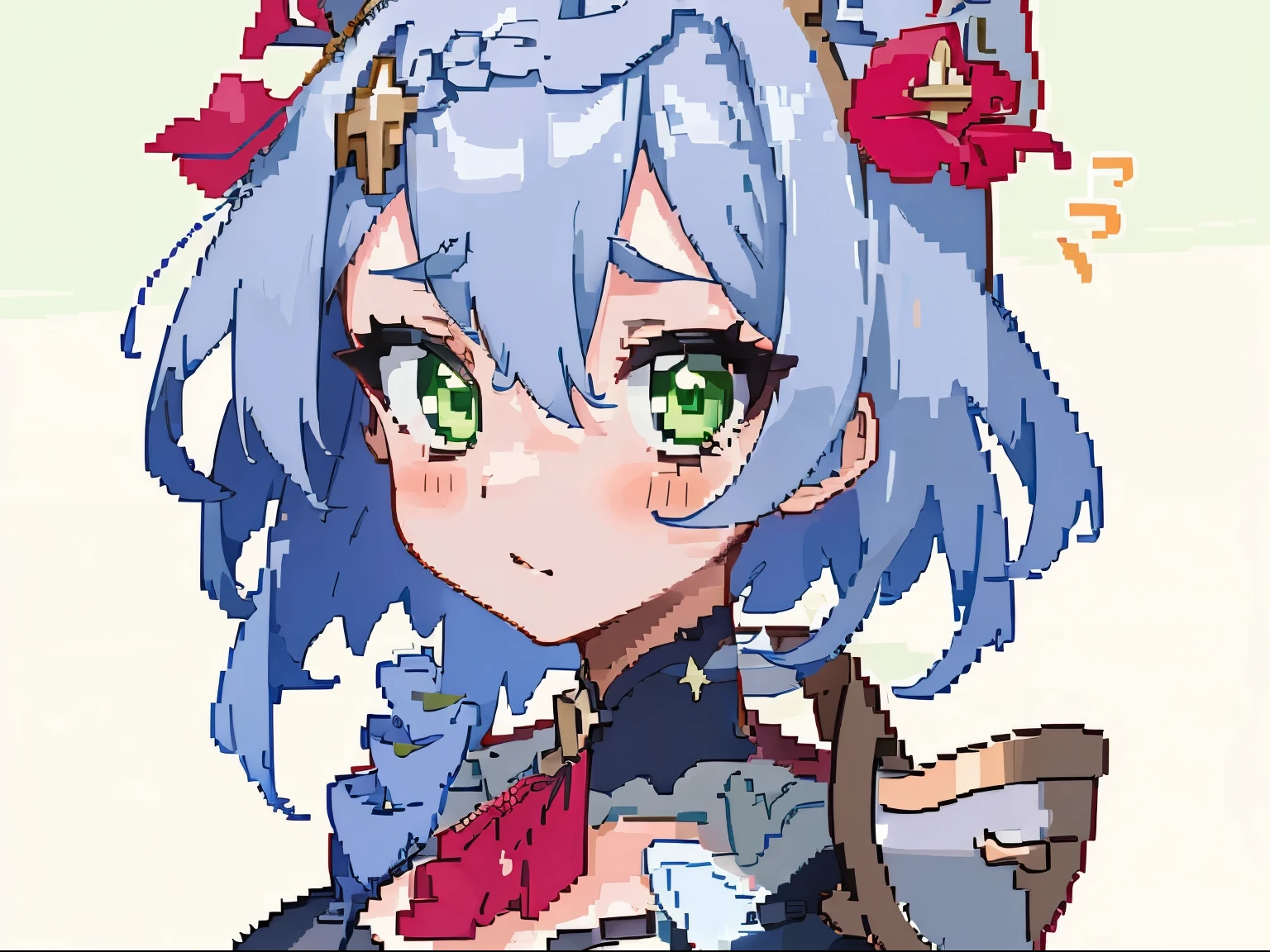 masterpiece, high quality, hcnone, pixel art, 1girl, noelle genshin impact, silver hair, green eyes, simple gold color background