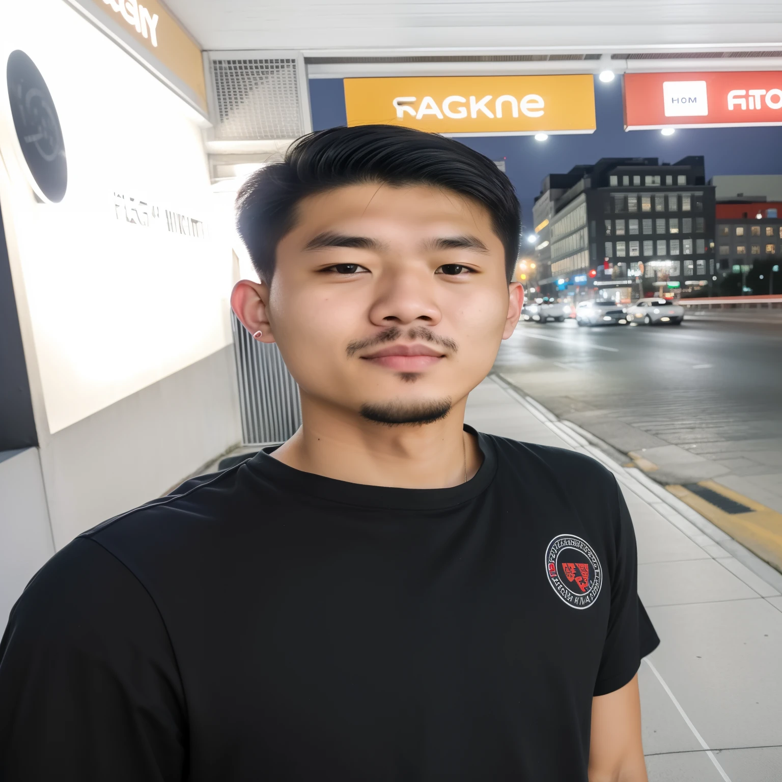 RAW photo, a portrait photo of 25 y.o man in casual clothes, night, city street, (high detailed skin:1.2), 8k uhd, dslr, soft lighting, high quality, film grain, Fujifilm XT3