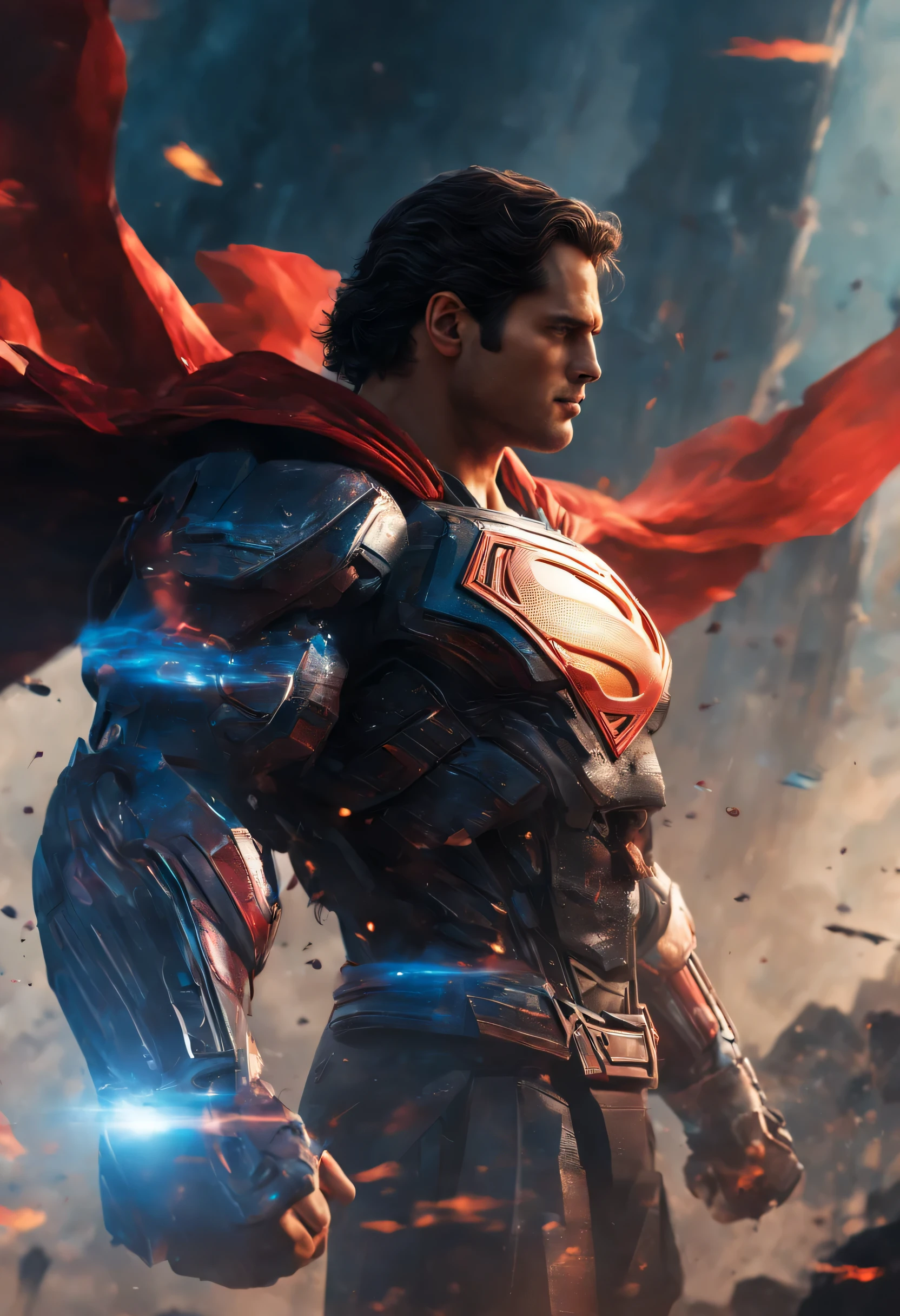 a close up of a superman posing in front of a fire, transformers cinematic universe, wojtek fus, hq 4k wallpaper, transformers : the last knight, in the movie transformers, thertrevkaiser, Henry Cavill as superman, artstation masterpiece, super robot, superman fused with optimus prime, japanese dc live-action movie, hd wallpaper, inspired by Zack Snyder, Henry Cavil so handsome, superman wallpapers hd superman wallpapers hd wallpapers hd wallpapers, superman emerging from the sun, fractal thunder dan mumford, experimental supersoldier, superman pose, glowing in power, dc comics art style, superman, dan mumford. octane render, ultra instinct, super hero art, inspired by Rob Liefeld, super power, dan mumford. 8 k octane render, epic comic book style, In this mesmerizing movie still, we see a 1girl with an open mouth, her liquid paint rainbow hair flowing gracefully in the air. The scene is set in an abstract world filled with Bauhaus-inspired shapes and lines, with paint splatter adding an artistic flair. The atmosphere is vibrant and joyful, with a stunningly detailed background adding depth of field. The camera lens used for this vibrant painting is a 135mm, f/1.8 lens, capturing the captivating girl with precision. The painting is rendered in an explosive mixture of colors and thick brush strokes, making it a vivid and expressive oil painting on canvas.