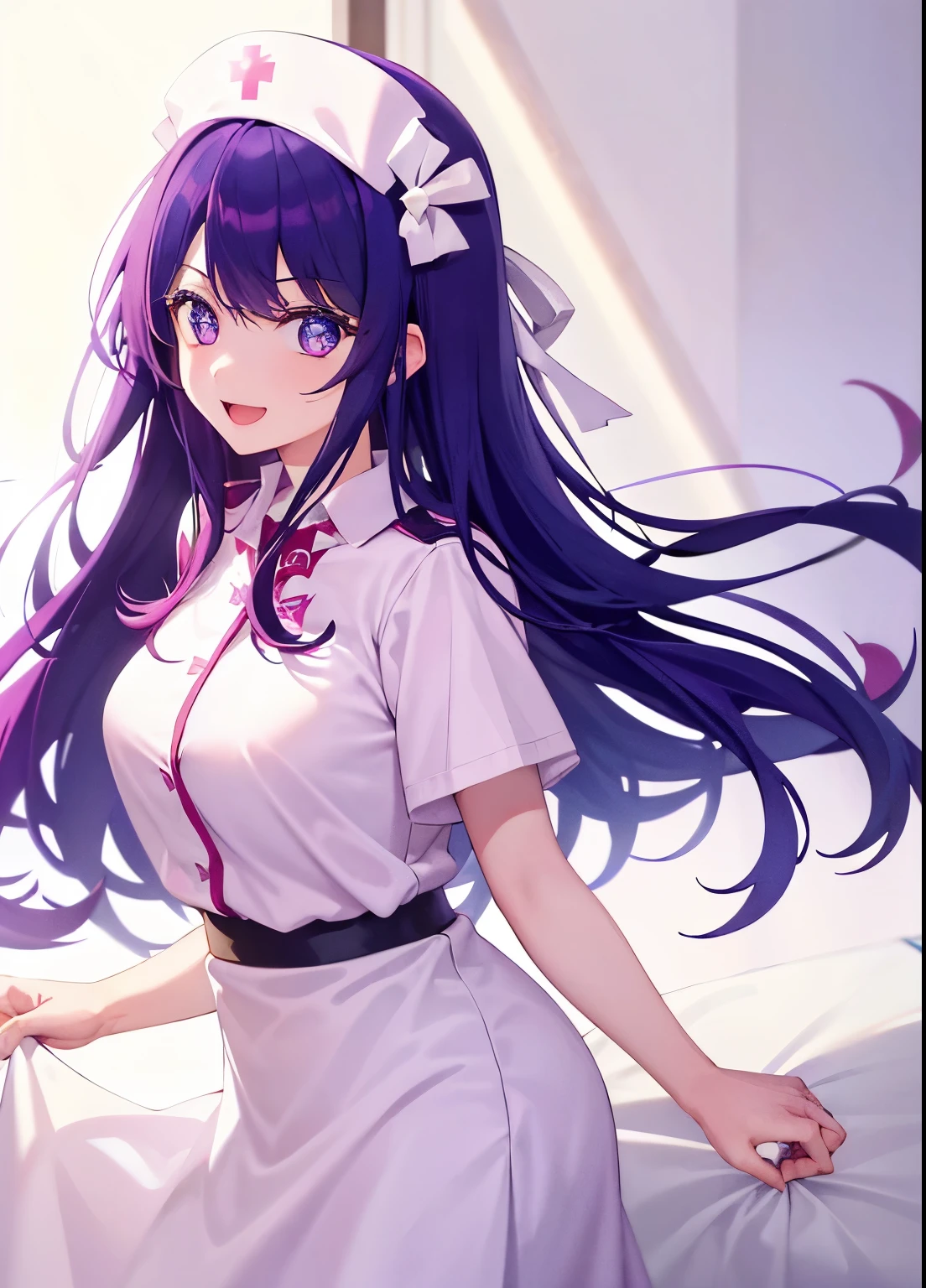 one-girl,nurses((There is a five-pointed star in the eye))Gorgeous Hair in Long Purple,Smile,Open mouth ,nurses,hospitals,White nurse clothes,White nurse hat,looki at viewer,Blood