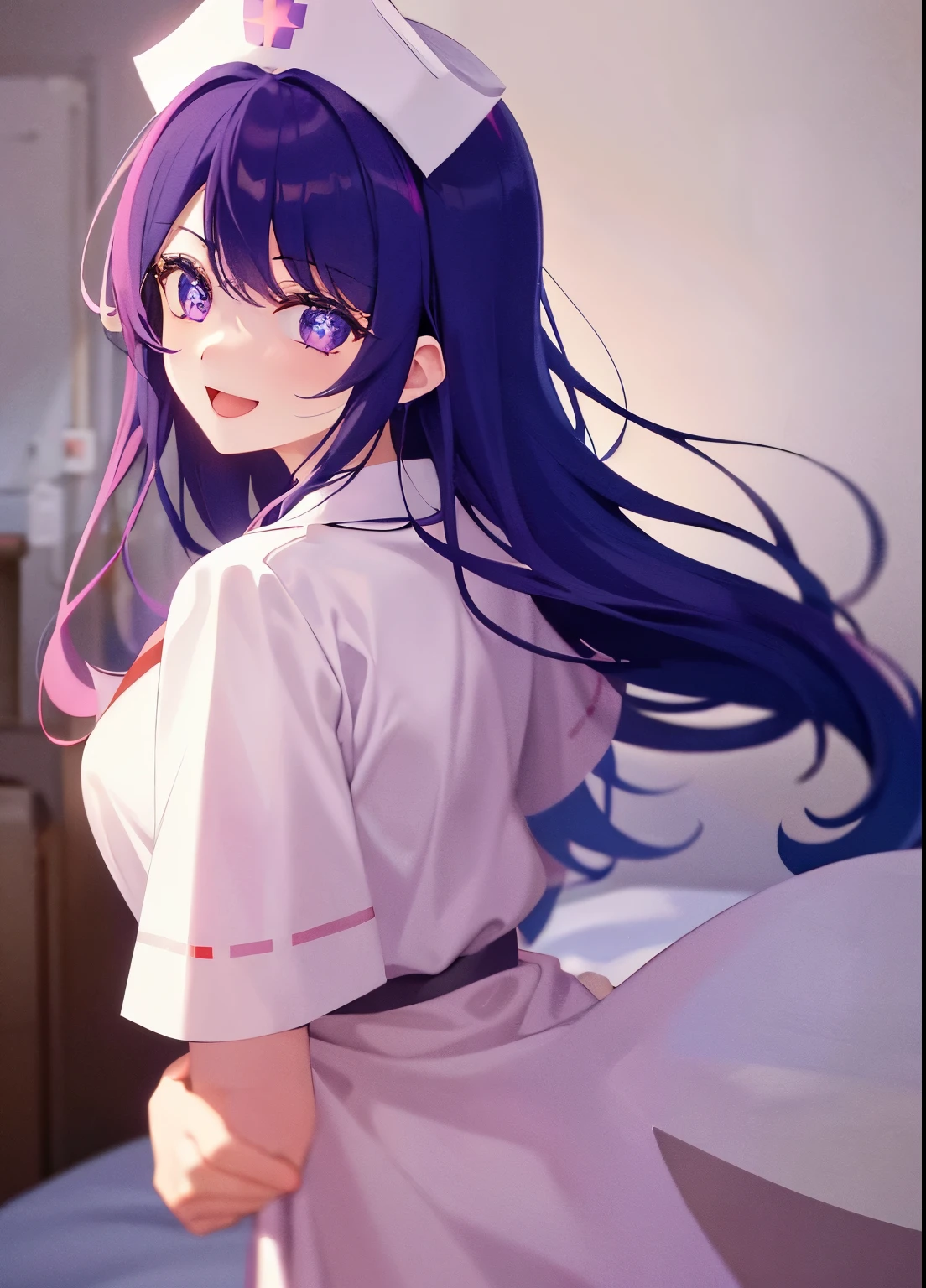 one-girl，nurses（（There is a five-pointed star in the eye））Gorgeous Hair in Long Purple，Smile，Open mouth ，nurses，hospitals，White nurse clothes，White nurse hat，looki at viewer，Blood