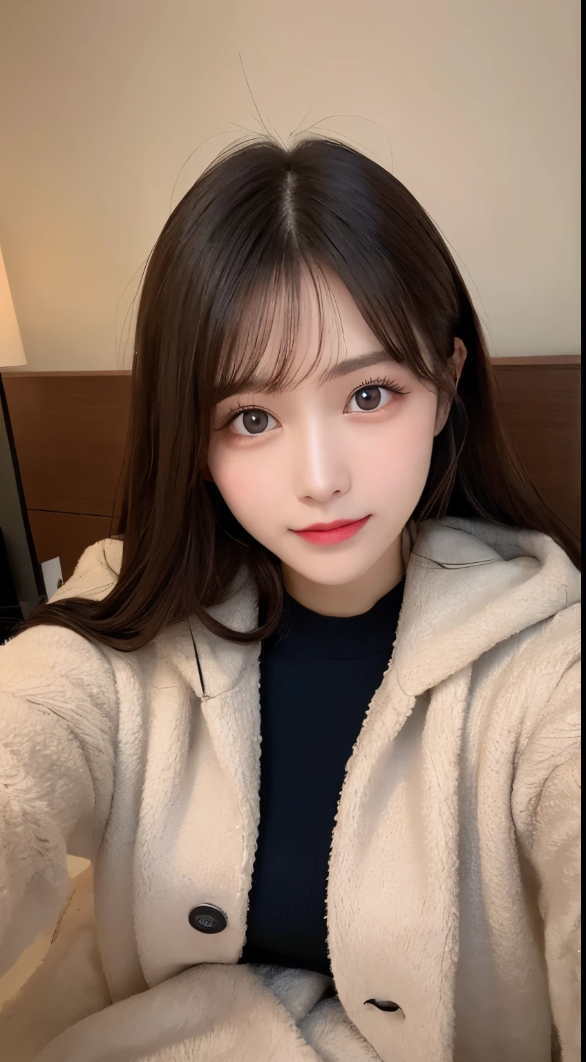 table top, highest quality, shape, Super detailed, finely, High resolution, 8k wallpaper, 完璧なダイナミックな構shape, beautiful and detailed eyes, Tokyo trend knit dress, small breasts, natural color lip,gentle smile,20 year old girl、beautiful and detailed face、perfect and beautiful face,Big eyes、beautiful detailed face、perfect and beautiful double eyelids、blur the background、perfect and beautiful face、Feminine poses、blur background、slim face and style、blur background、straight hair、Wear a luxurious mink coat、Bedroom（navy sheets）、lying in bed