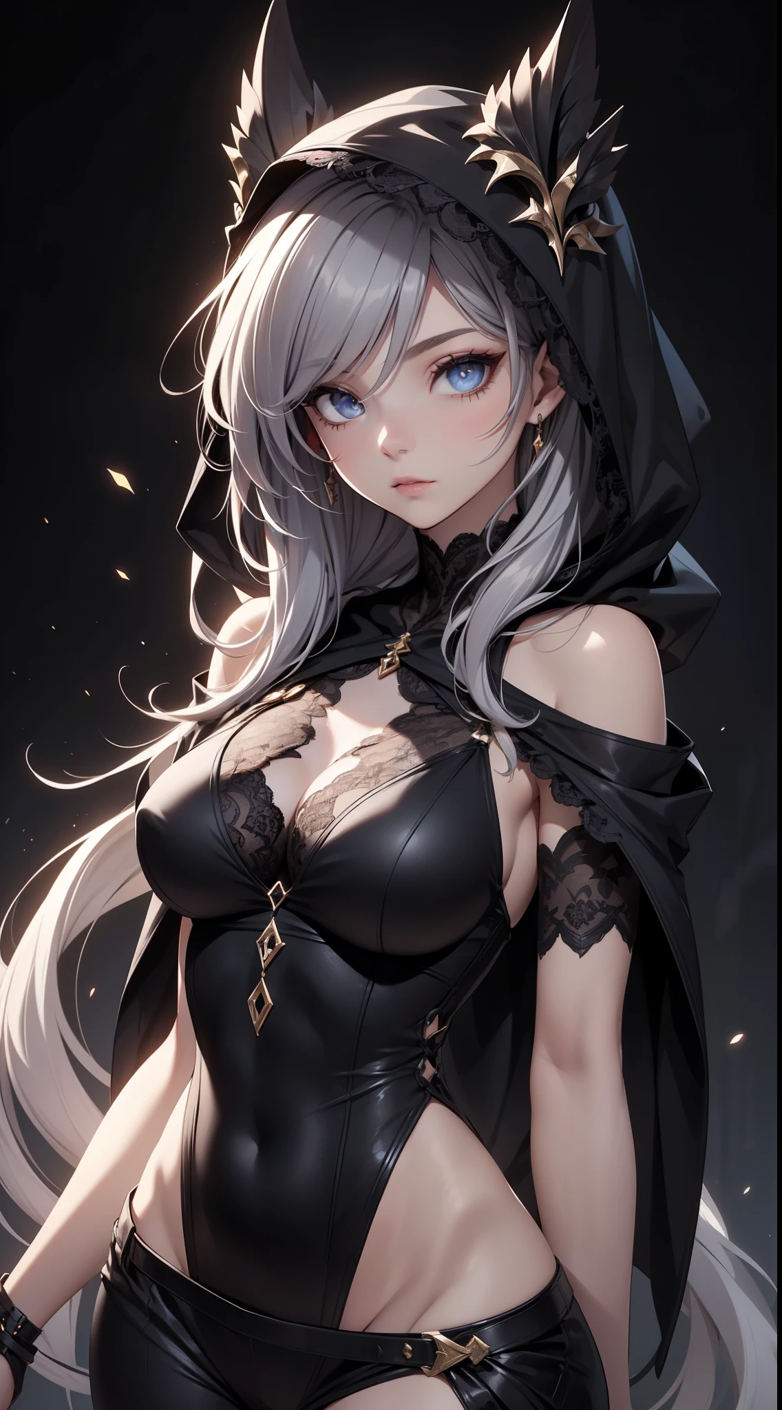White elf girl, medium grey hair color, very long flowing hair, grey eye color, small eyes, realistic human eye shape, round eye shape, eyeliner, realistic face shape. black lace low cut lace shirt, portrait, wearing a black hood, black background, chest showing, NSFW, Depth of Field. looking at camera, dreamy look detailed eyes, detailed face, detailed skin, Ultra Detailed, Beautiful and Aesthetic, Masterpiece, Best Quality, shoulders showing. lace fabric, round chin shape. wearing black hood over hair. showing full upper body and face. wearing a black hood. hips showing, alot of flairs in background, zoomed out. full body showing. hips exposed, black and gold. Glowing