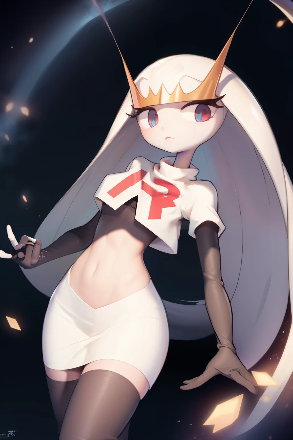 pheromosa, furry female, anthro, segmented body, long hair, solo, (best quality),dramatic lighting,  looking at viewer, 2 fingersteam rocket,team rocket uniform,white skirt,crop top,black thigh-highs,black elbow gloves