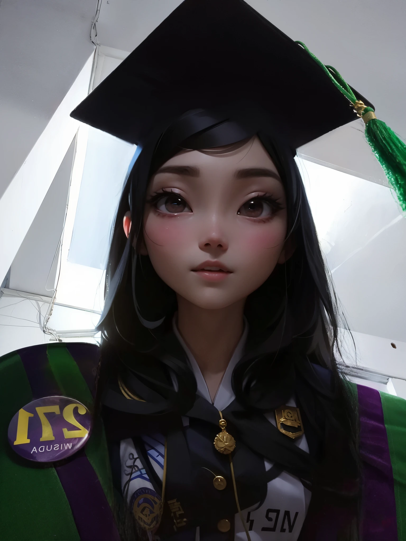 arafed woman in a graduation cap and gown with a badge on her hat, graduation photo, wenfei ye, wearing an academic gown, qifeng lin, mai anh tran, xision wu, student, mingchen shen, 2 7 years old, 1 8 yo, yun ling, chengyou liu, xintong chen, post graduate, wenjun lin