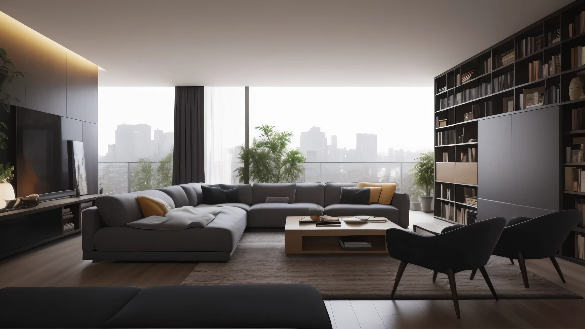 arafed living room with a couch, Chair, Coffee table and bookshelf, living room, modern living room, city apartment, living room vibe, Inside modern apartment, Furniture and Decoration, cozy contemporary living room, interior design living room, living room interior design, interior living room, placed in a large living room, the living room, living room interior, lounge